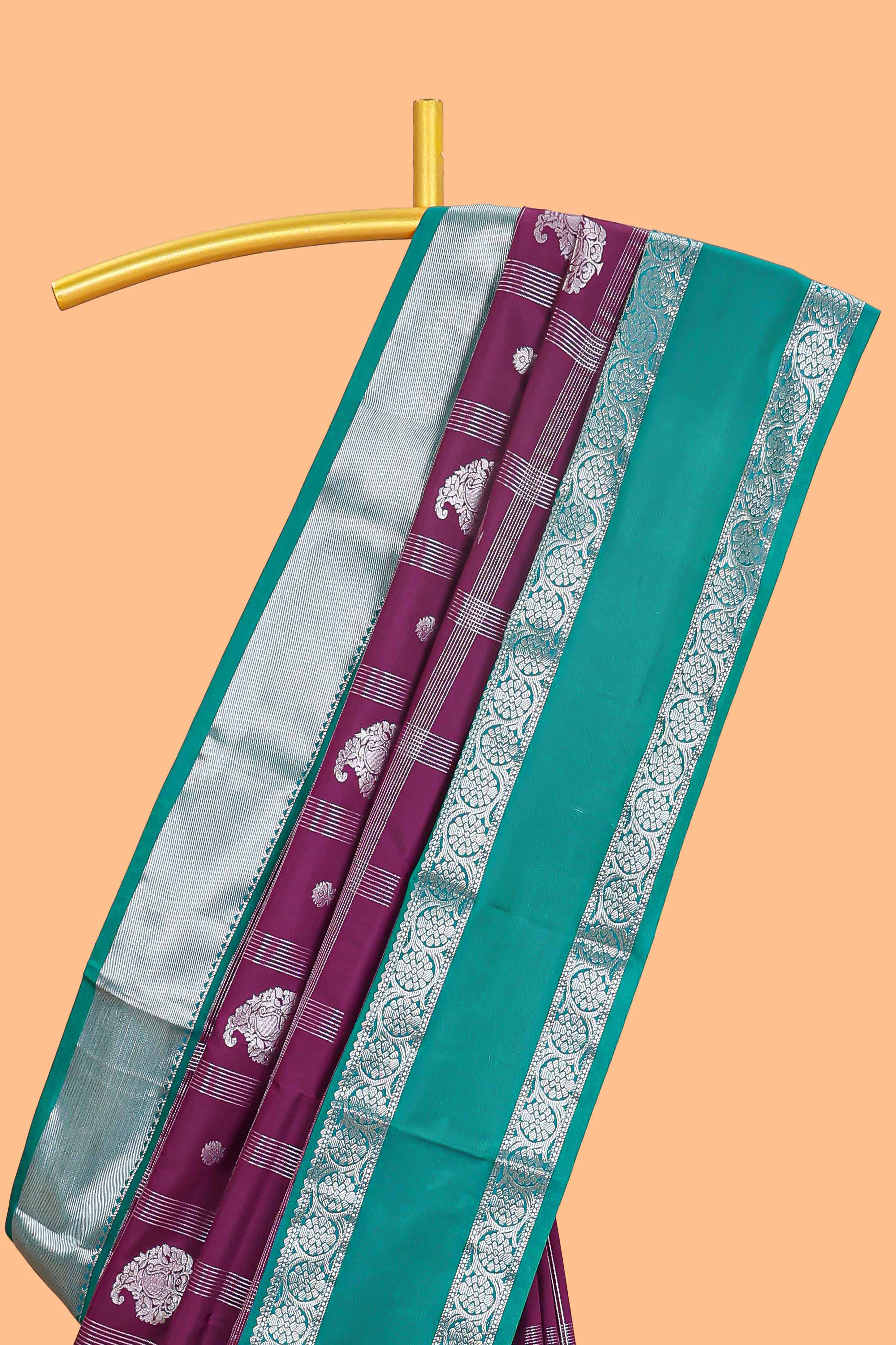 Purple checked zari butta semi soft silk saree with contrast border and pallu