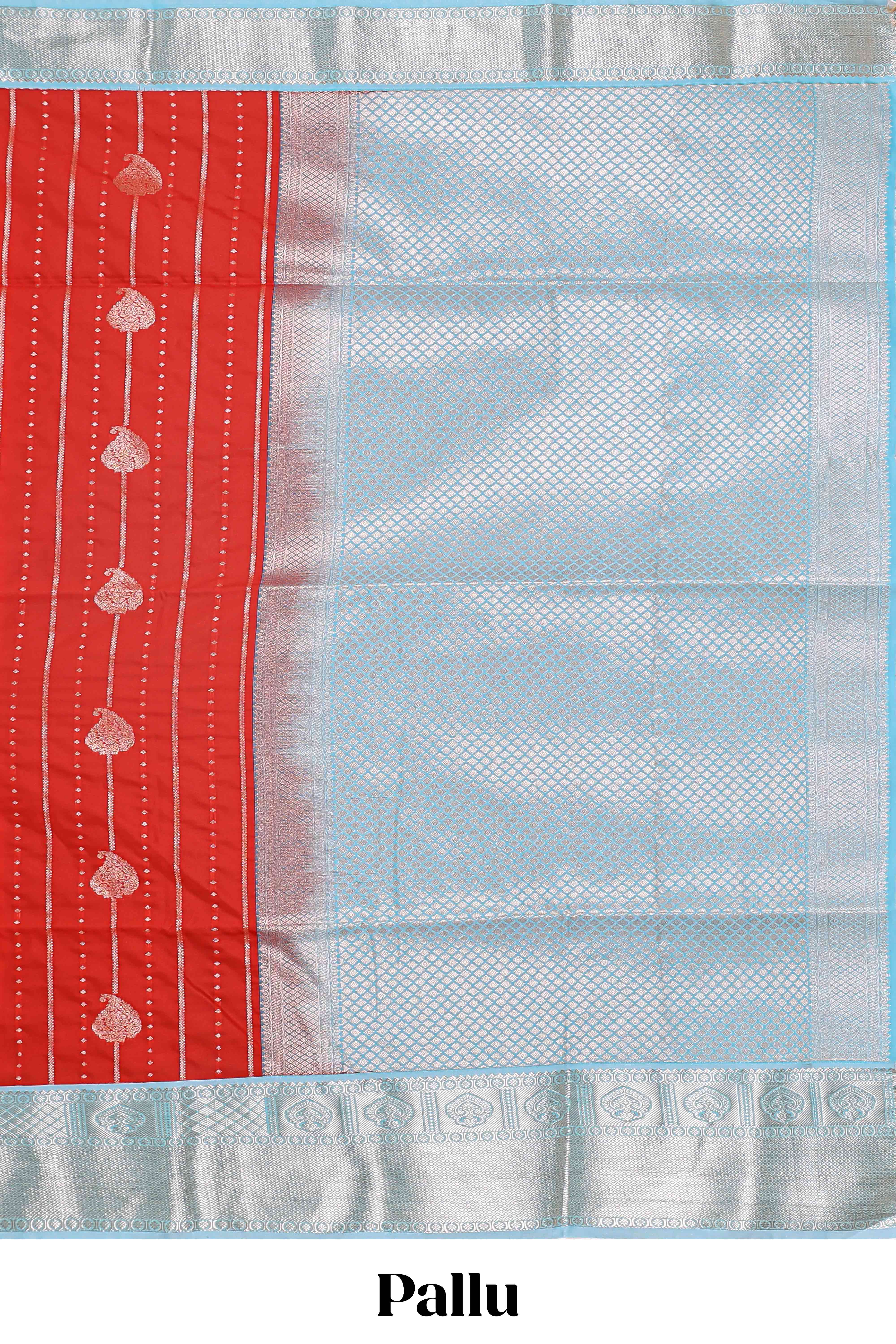 Red striped zari butta semi soft silk saree with contrast border and pallu