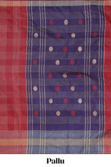 Maroon checked motifs tussar saree with contrast border and striped blouse