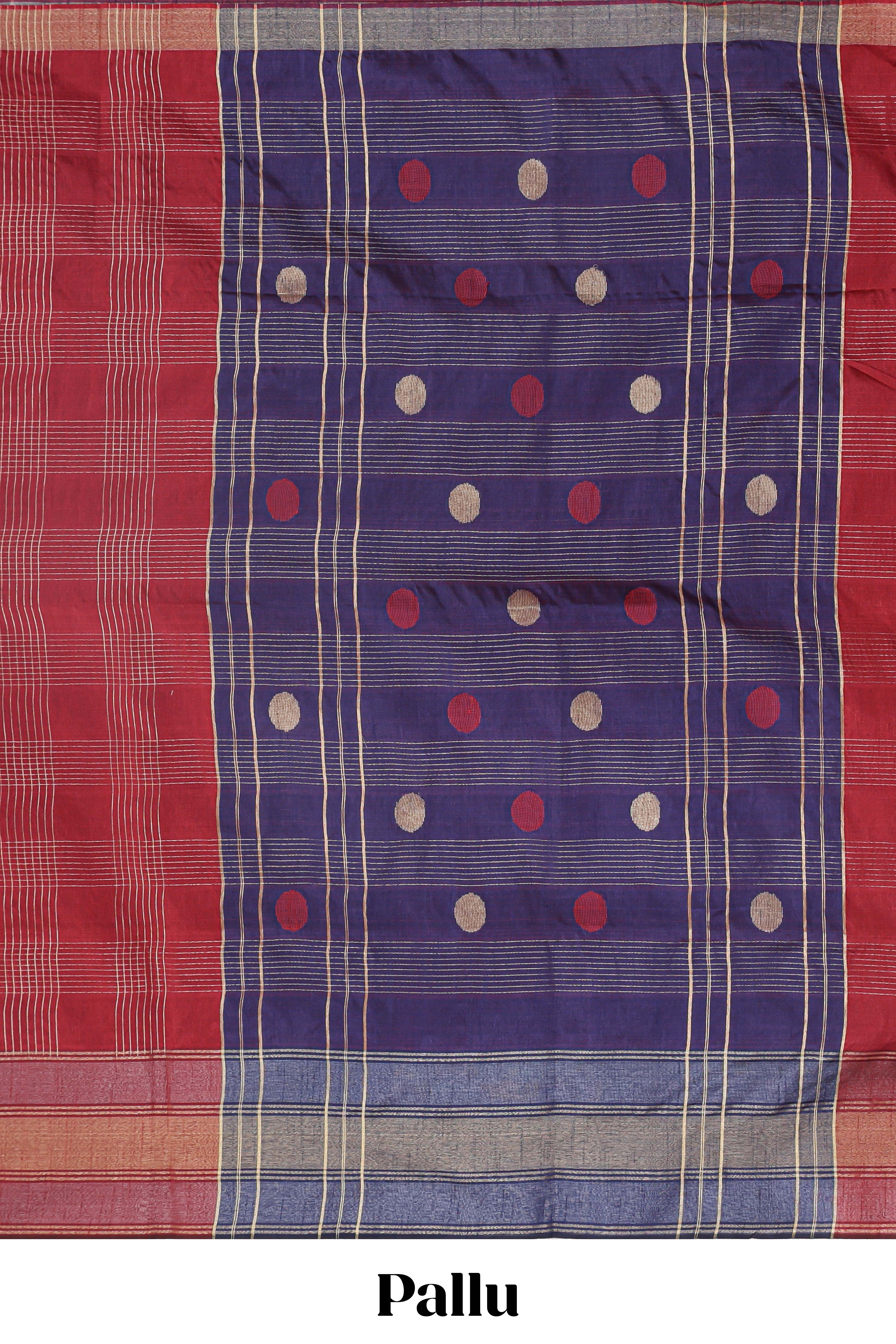 Maroon checked motifs tussar saree with contrast border and striped blouse