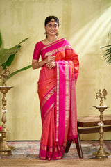 Kanchipuram Vaira Oosi Silk Saree in Bright Pink with Gold Zari and Contrast Magenta Border