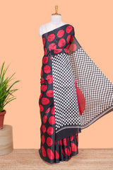 Borderless red south cotton saree with adire batik print and chess board pallu