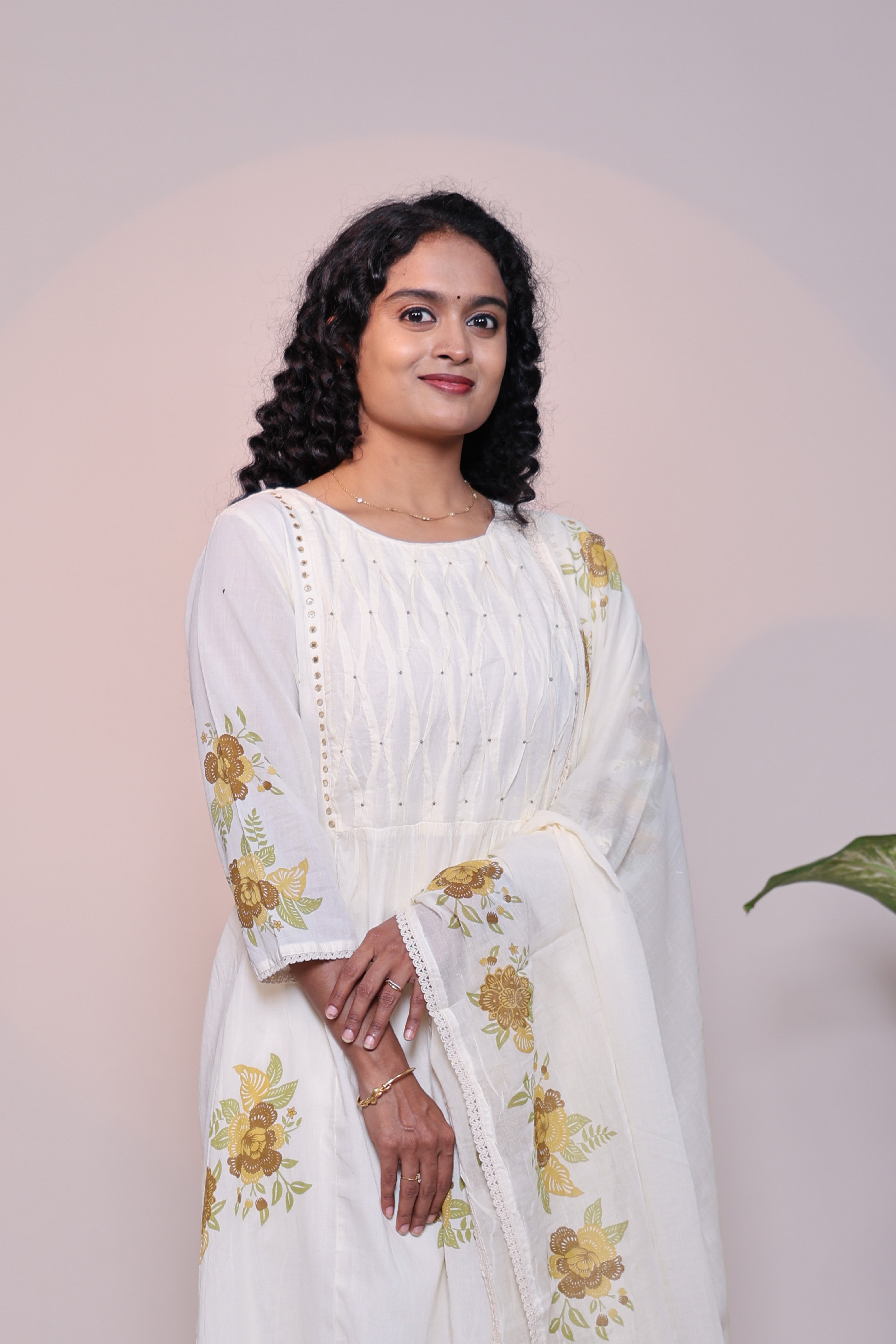 White floral design A line anarkali with self bottom and matching dubatta