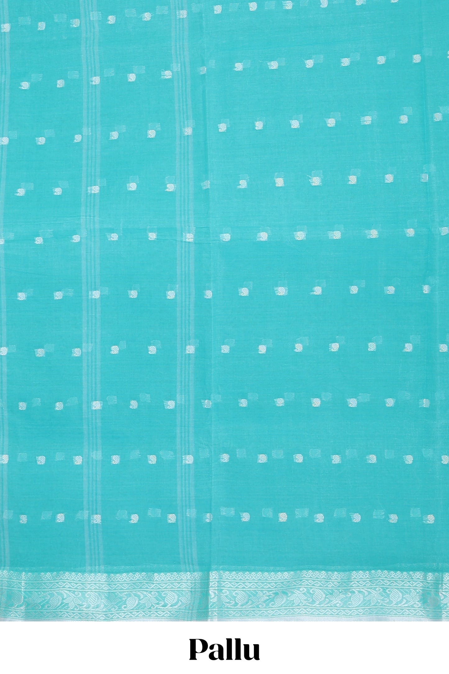 Turquoise green small butta bengal cotton saree with floral zari border and striped pallu