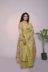 Green floral design 3/4 slevee salwar suit with matching pant and printed dupatta