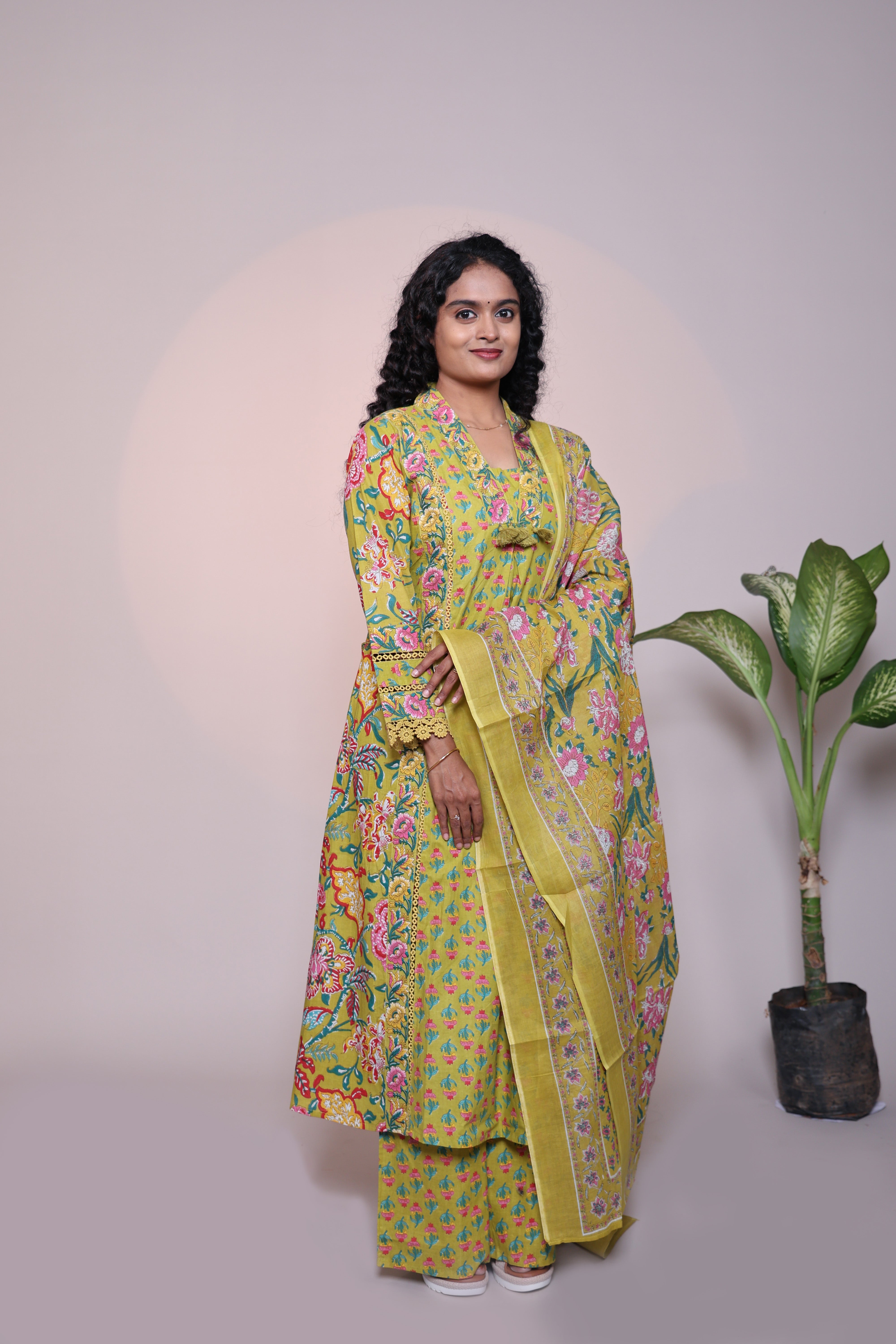 Green floral design 3/4 slevee salwar suit with matching pant and printed dupatta