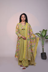 Green floral design 3/4 slevee salwar suit with matching pant and printed dupatta