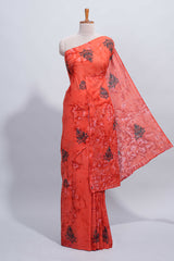 Borderless orange floral motifs design mul mul cotton saree with self pallu