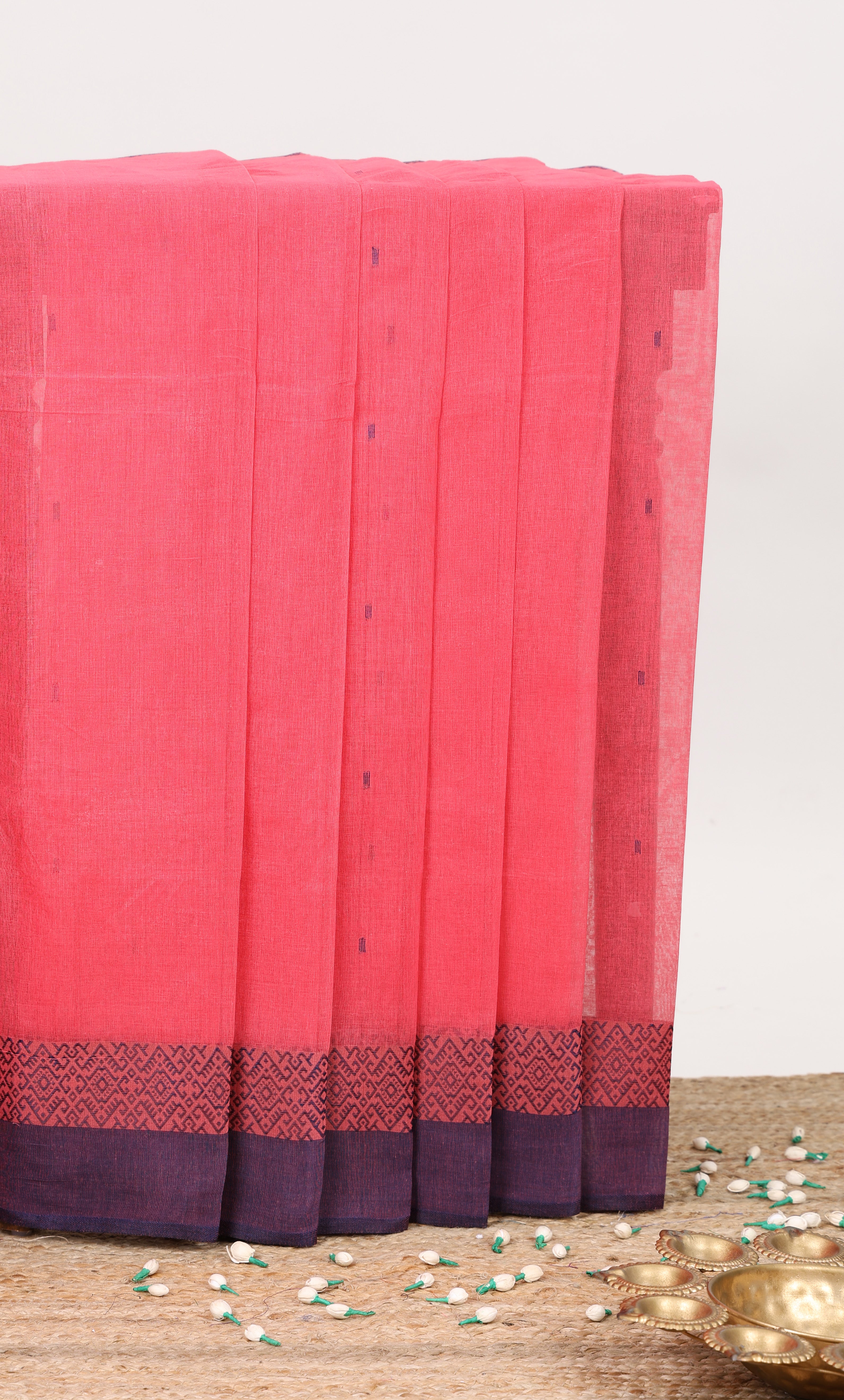 Pink buttas and bottom geometric design bengal cotton saree with contrast border and striped pallu