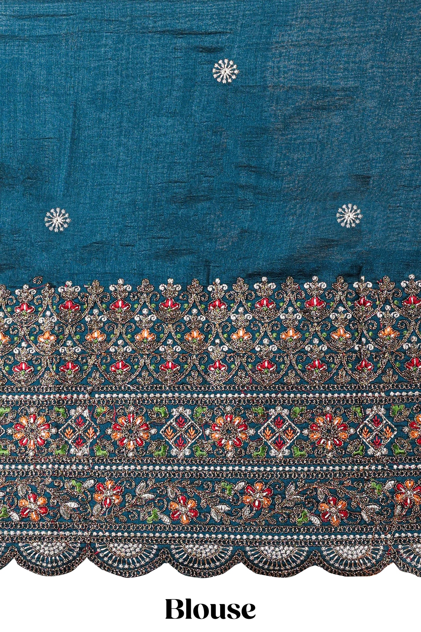 Borderless blue crush texture satin crepe saree with contrast embroidery blouse