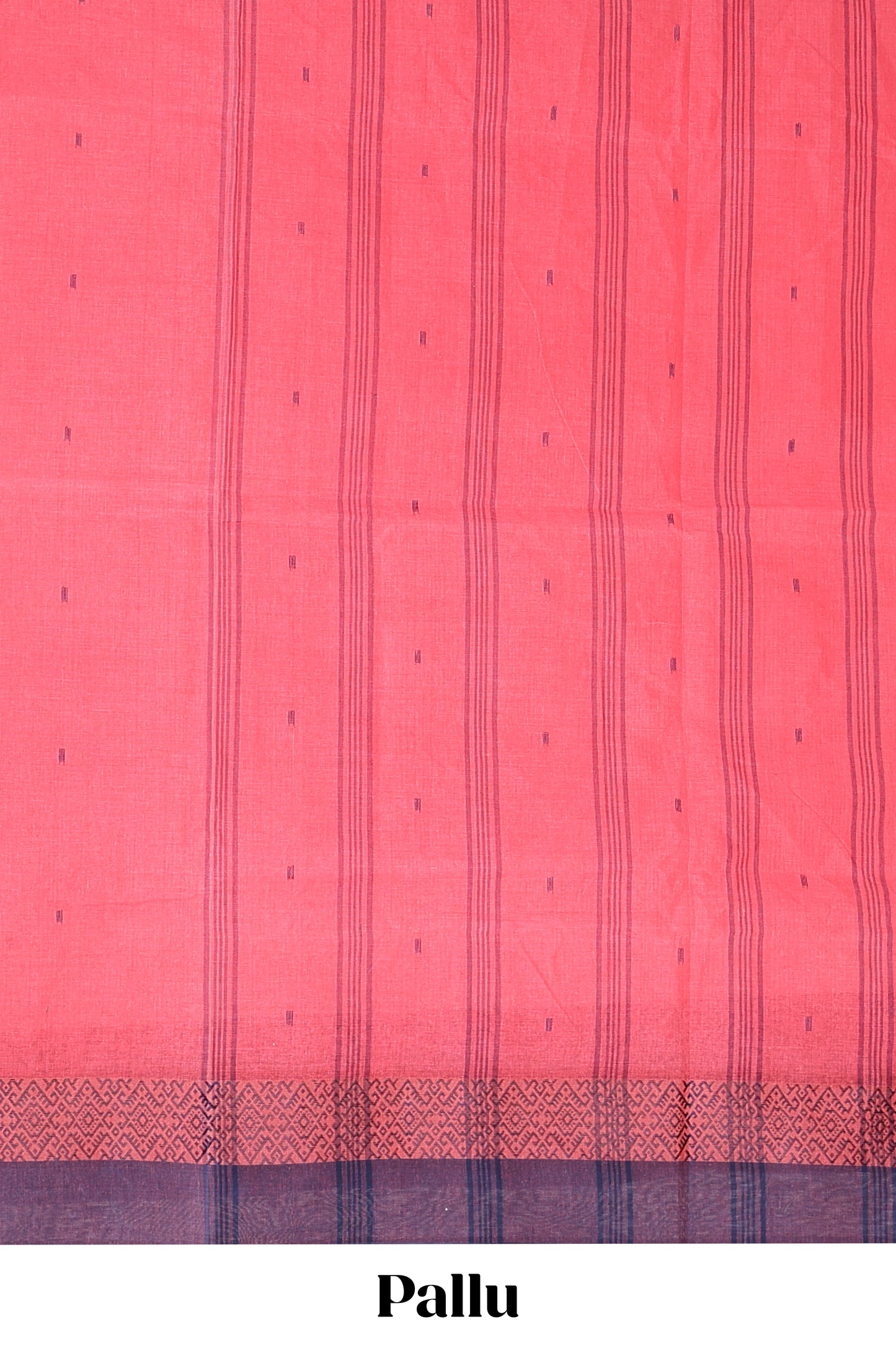 Pink buttas and bottom geometric design bengal cotton saree with contrast border and striped pallu