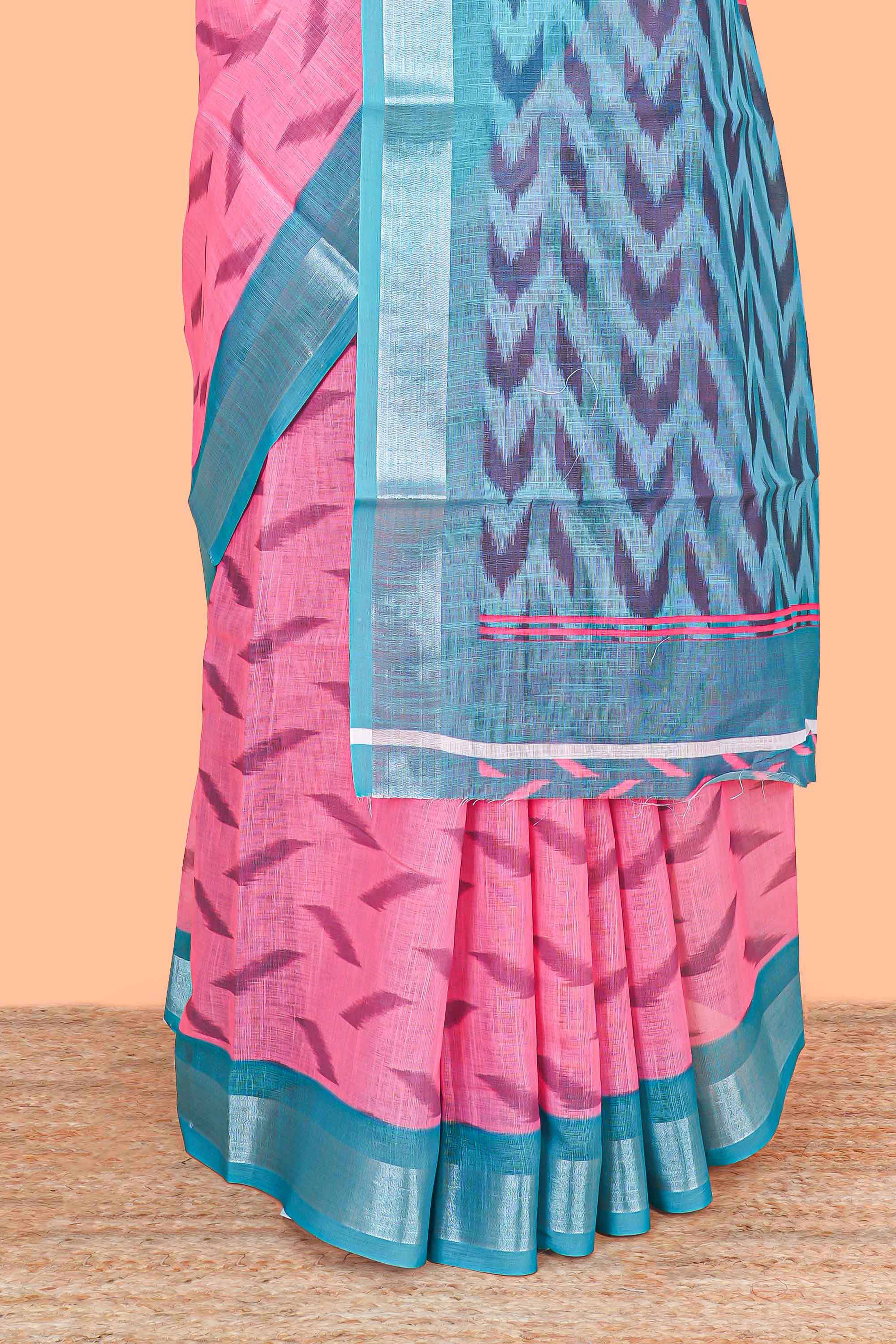 Pink Ikkat style linen cotton saree with contrast border and pallu