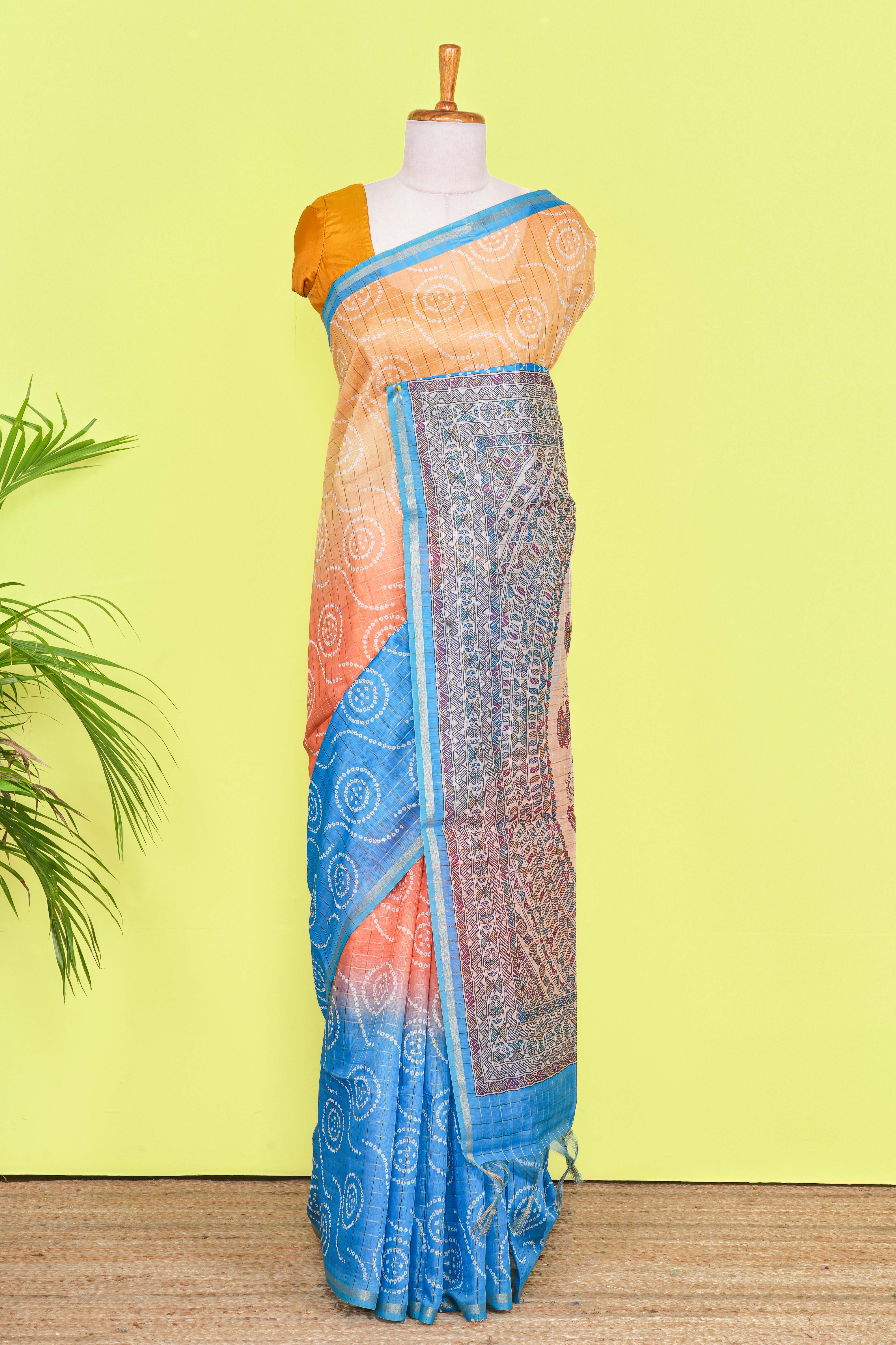 Multi Color Chanderi Cotton SareeBandhani Design Across The Body With Madhubani Print Pallu Along With Flower Motifs Blouse