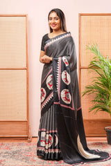 Black Modal Silk SareeThe Body Has Fine Vertical White StripesThe Border Are Highlighted Pichwai Design Contrast Coin Motifs In PalluAlong With AjrakhPrinted Blouse