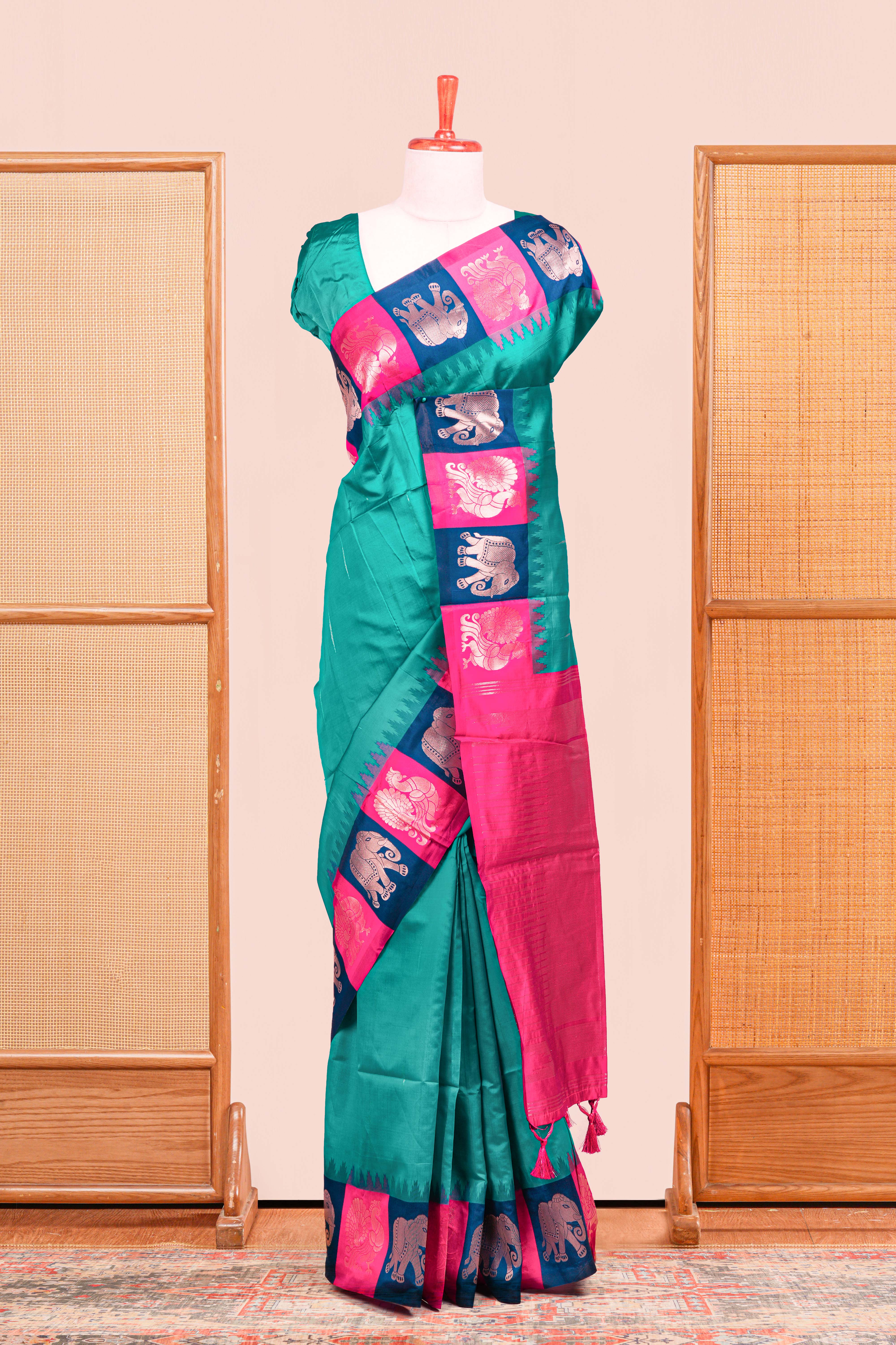 Peacock Blue Semi Art Silk Saree All Over Zari Butta With Contrast Zari Pallu
