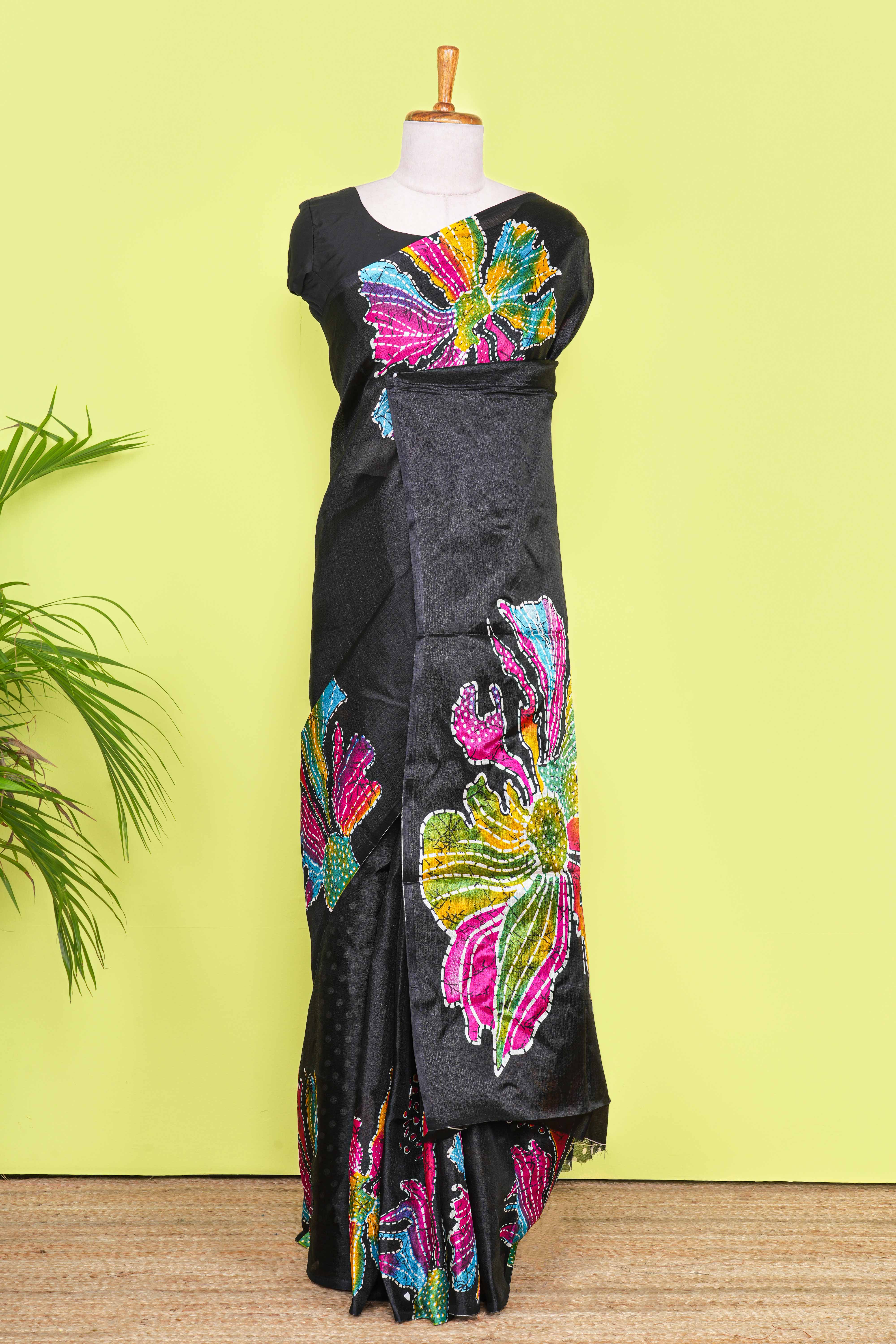 Black south cotton Saree With Multi Color Orchid Printed Across The Body Along With White Dotted Blouse