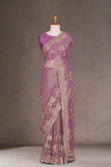 Twill Net Gold Zari Embroidery With Zarkan Diamond Saree