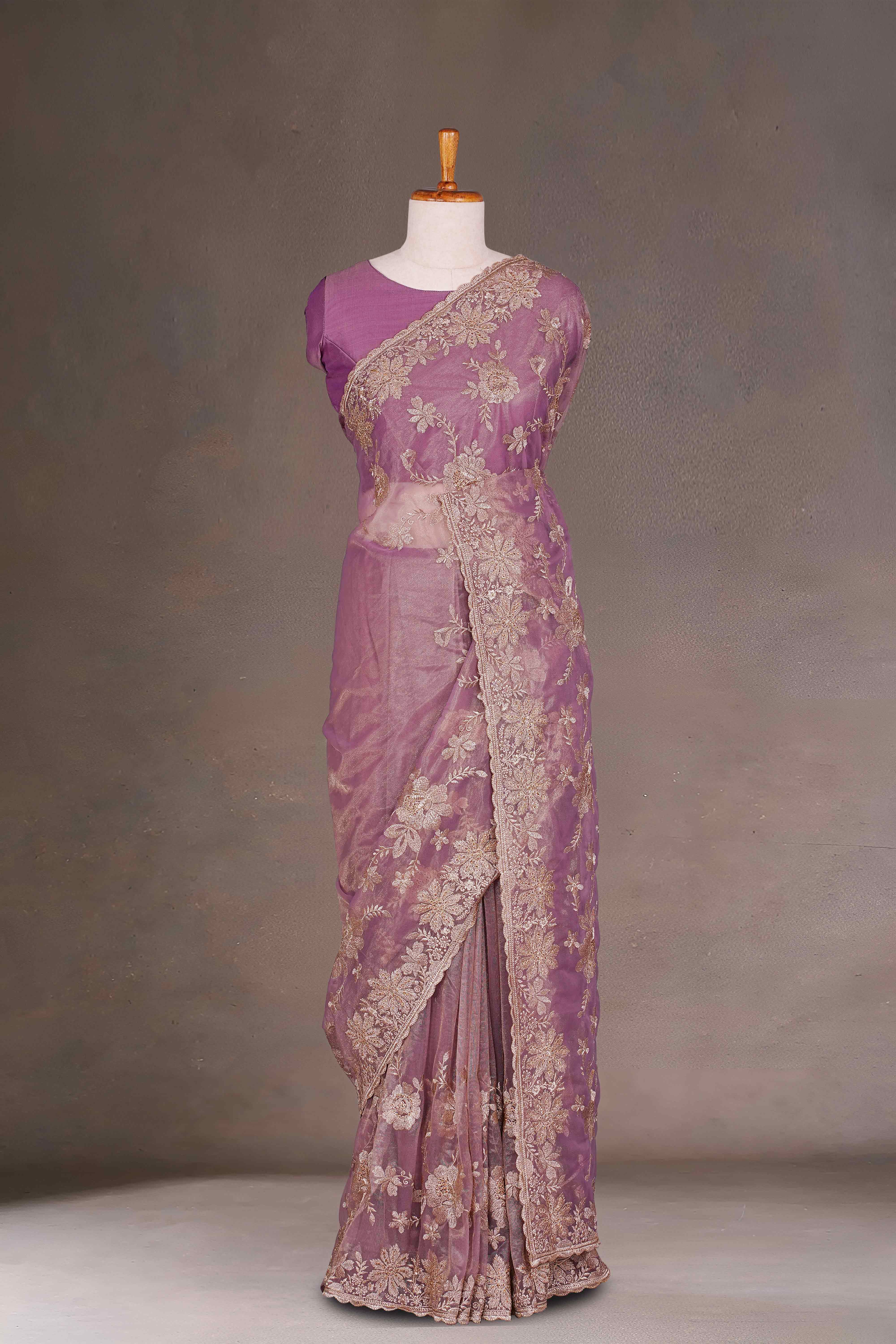 Twill Net Gold Zari Embroidery With Zarkan Diamond Saree