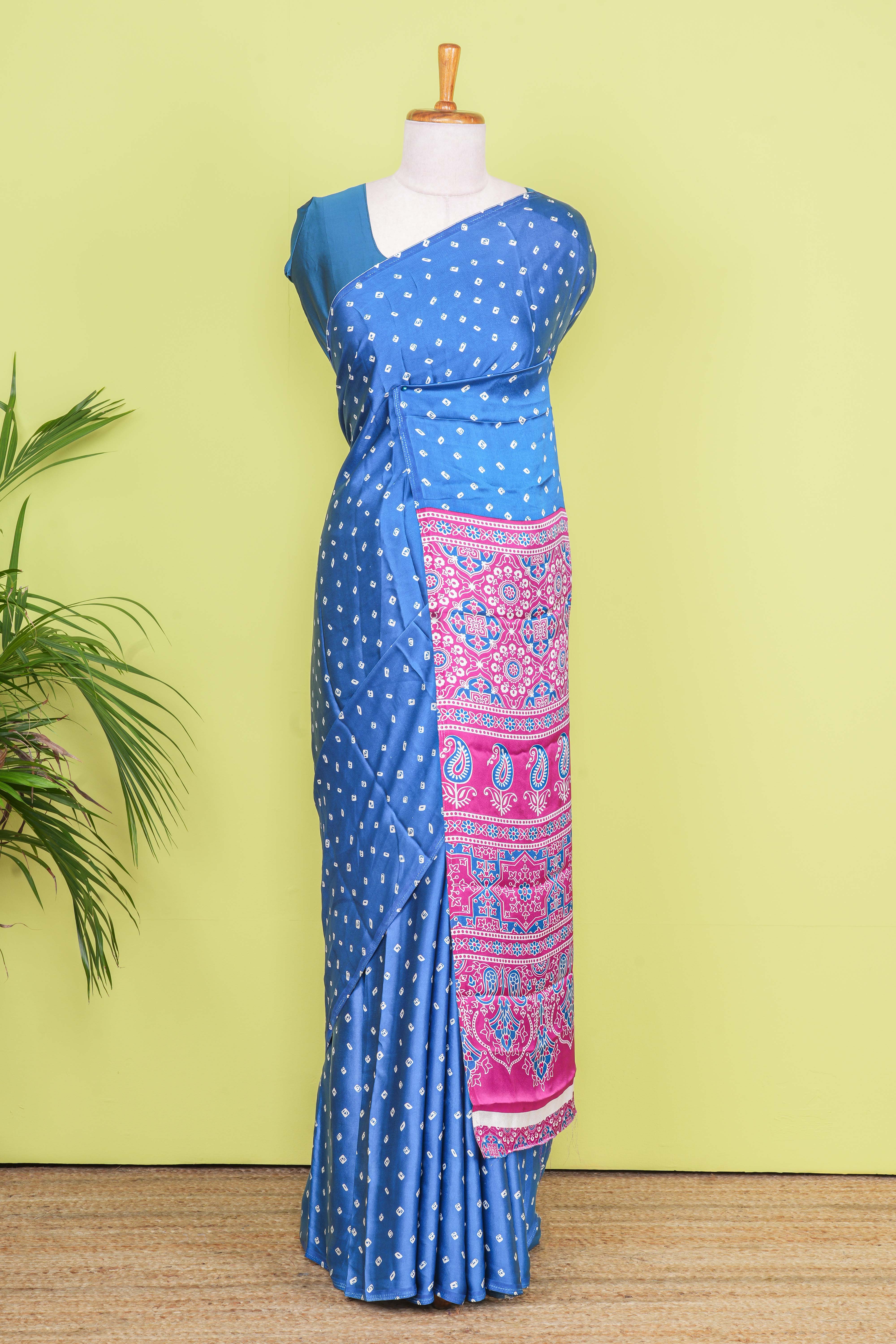 Blue Modal Silk Saree Bandhani Print Across The Body With Ajrakh Design Pallu Along With Contrast Blouse