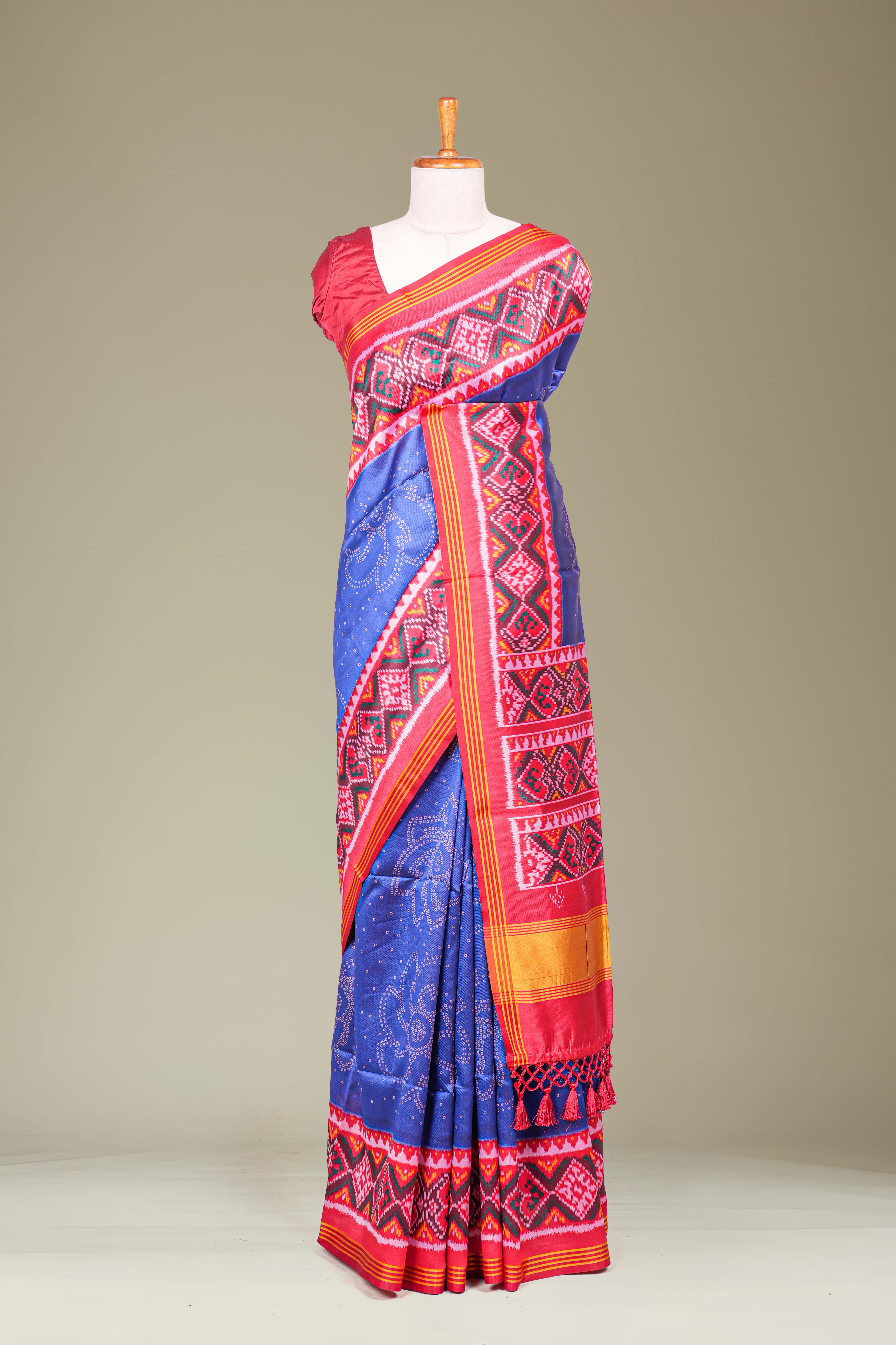 Blue Art Silk Saree Bandhani Design Across The Body With Contrast Patola Design Pallu Along With Blouse