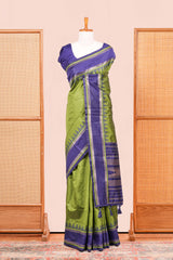 Green Art Silk Saree With Plain Body Contrast Gold Zari Stripes Pallu