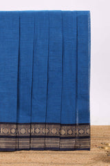 Blue plain chettinad cotton saree with contrast zari border and matching blouse