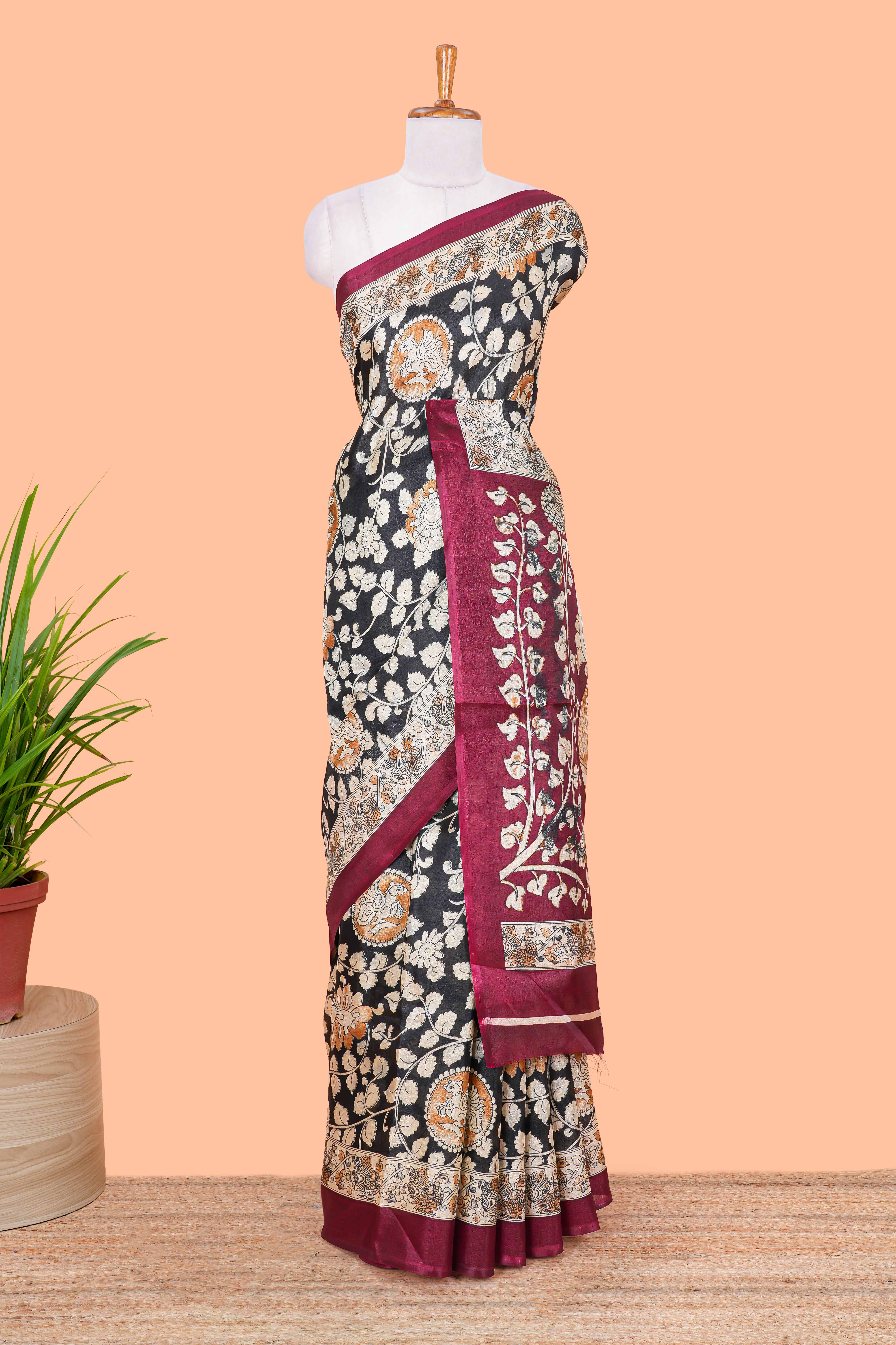 Black floral vine kalamkari style south cotton saree with contrast border and blouse