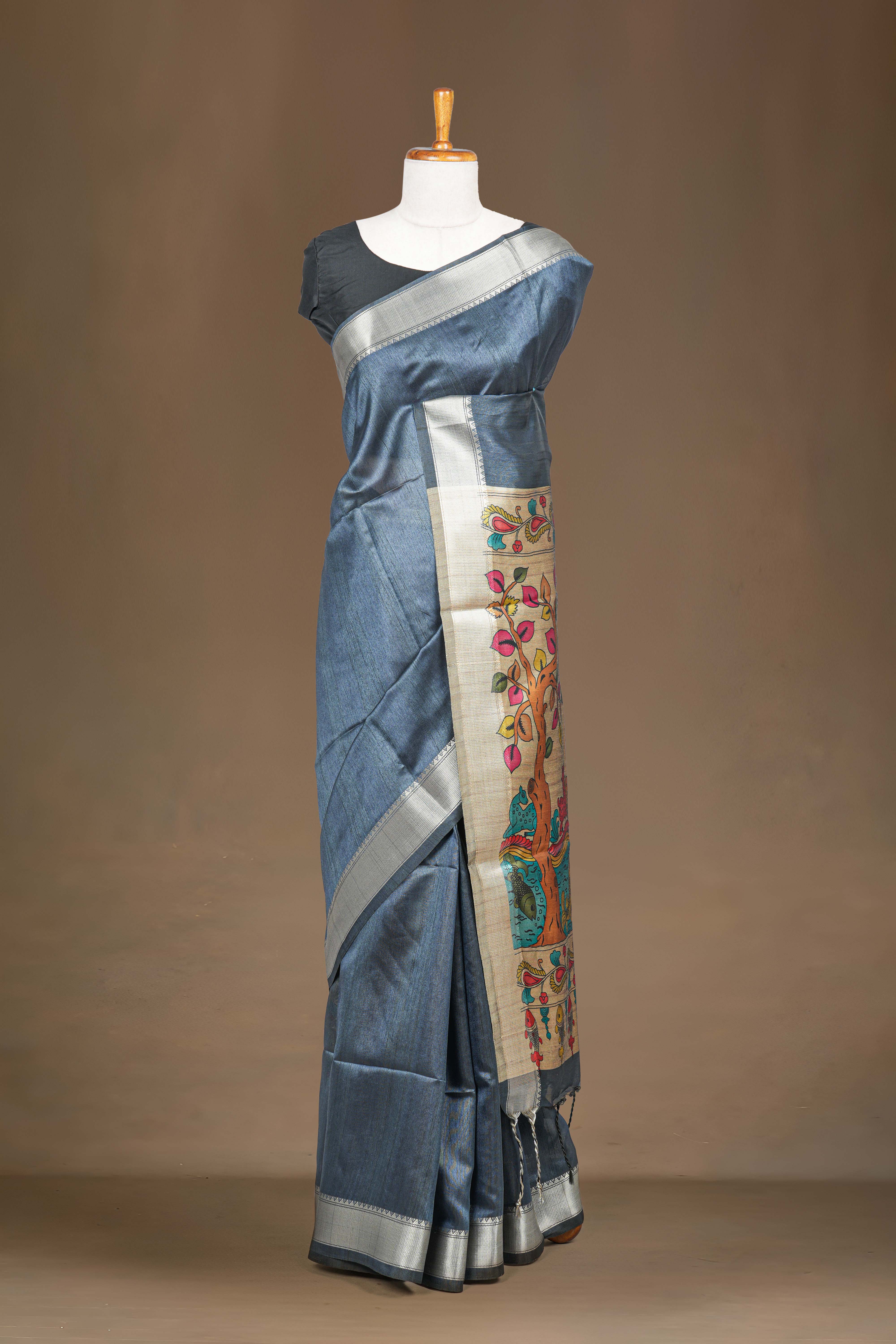 Chappa Tussar Saree Body Plain With Kalamkari Print Pallu Along With Flower Motifs Blouse