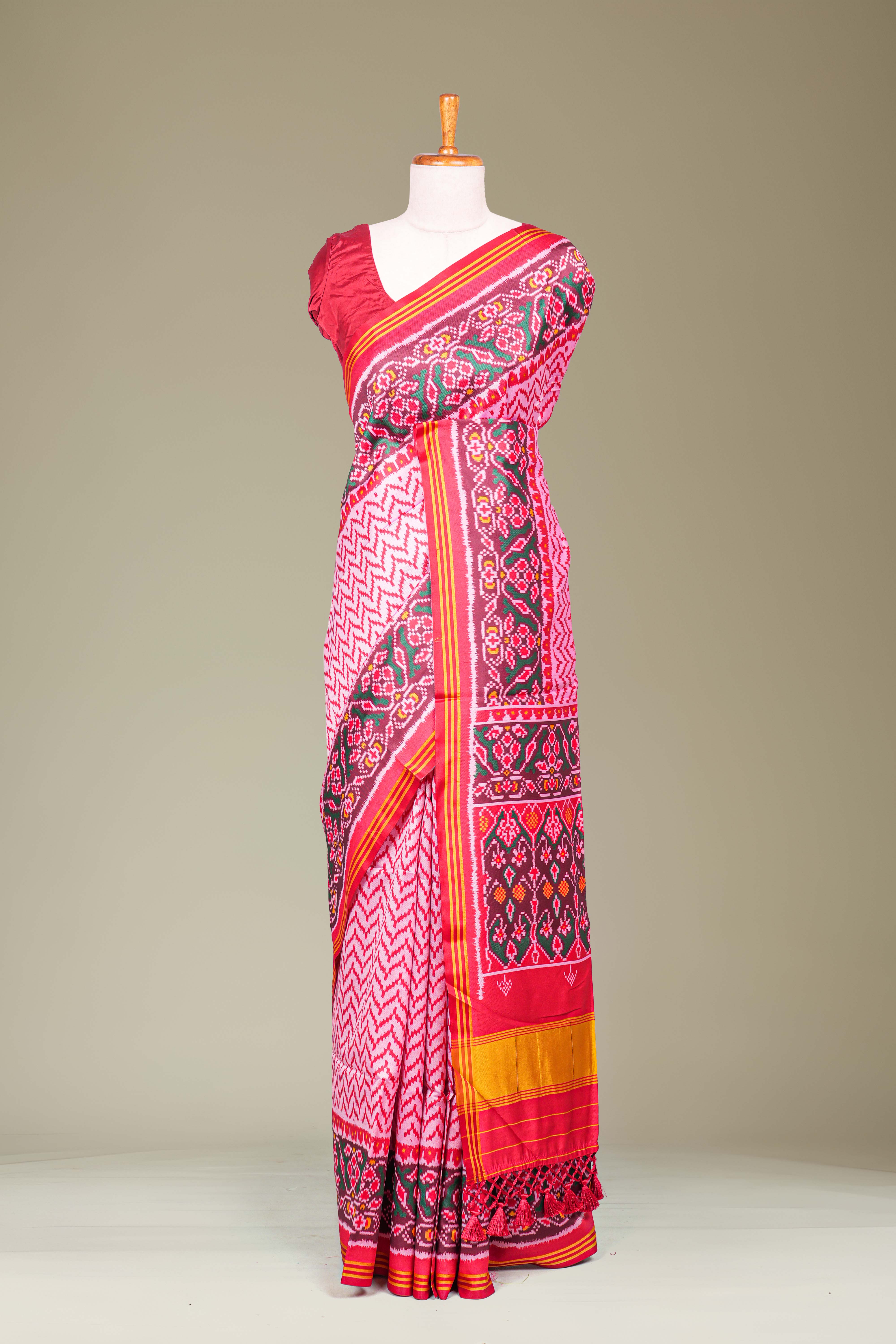 Red Art Silk Saree Chevron Design Across The Body With Contrast BorderPatola Design Pallu Along Blouse