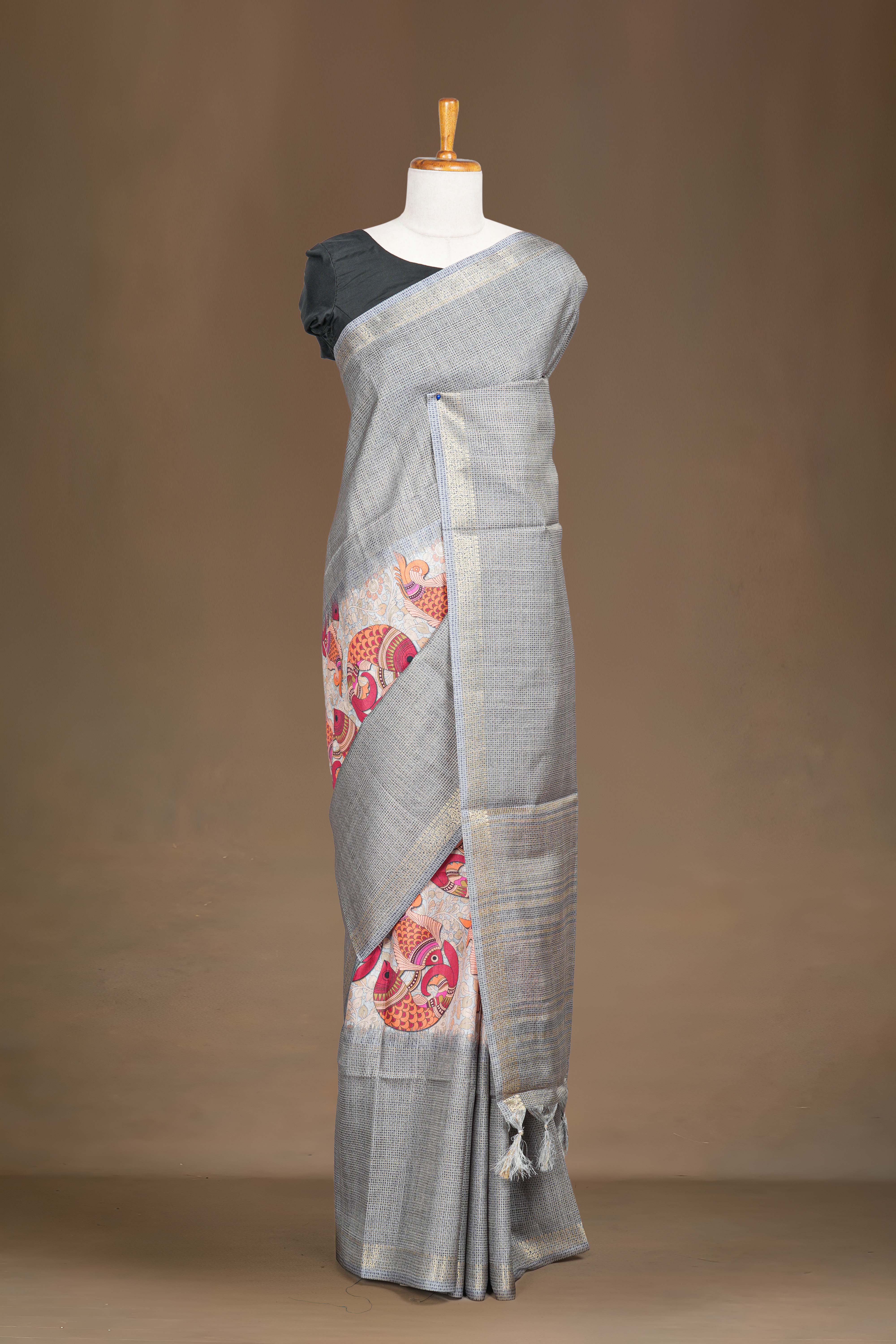 Grey Art Tussar Saree Traditional Madhubani Print Across The Body With Zari Stripes Pallu