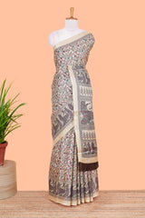 Sandal floral madhupani print south cotton saree with self border and contrast blouse