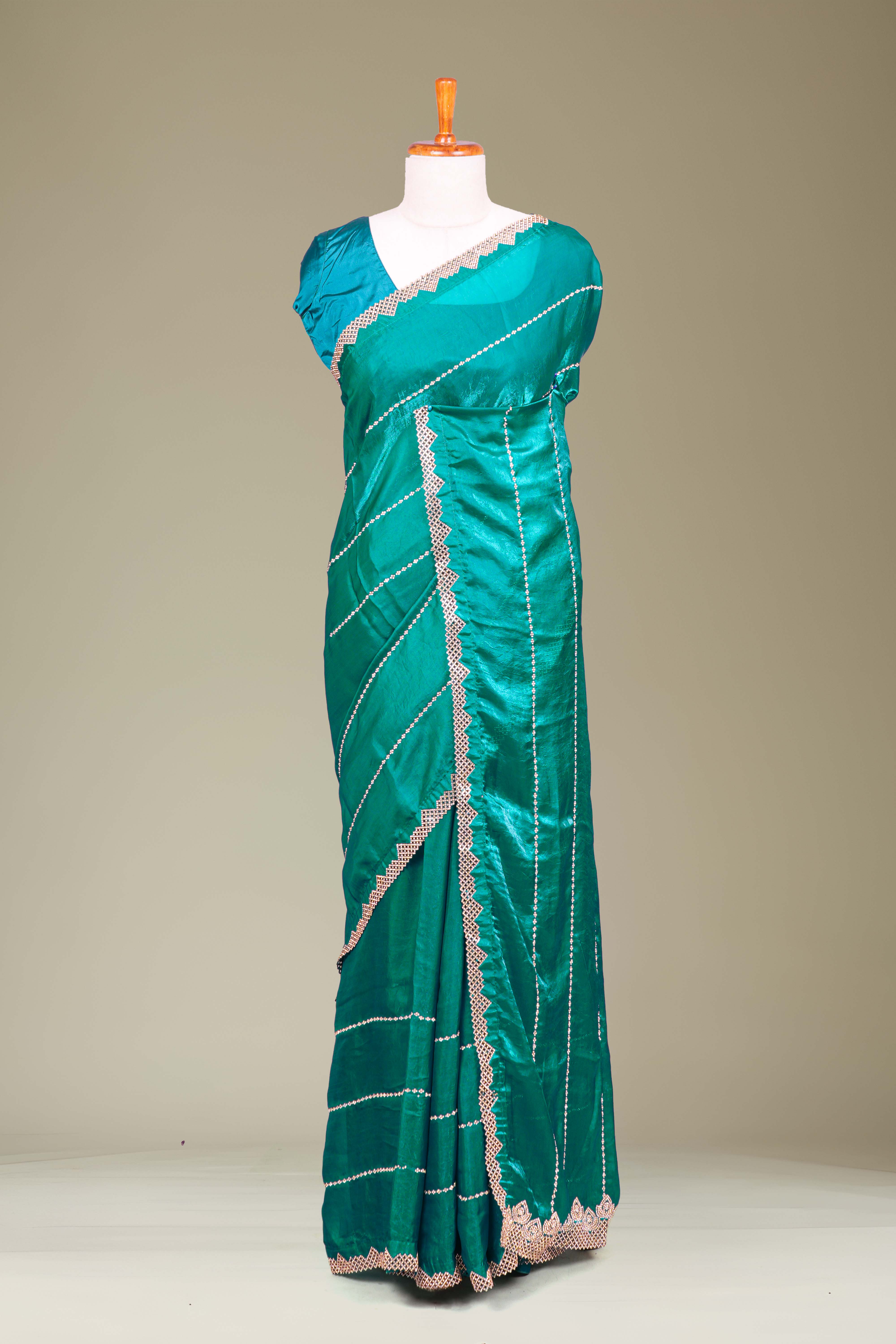 Peacock Green Fendi Satin Saree All -Over Zarkan Diamond Stone Work