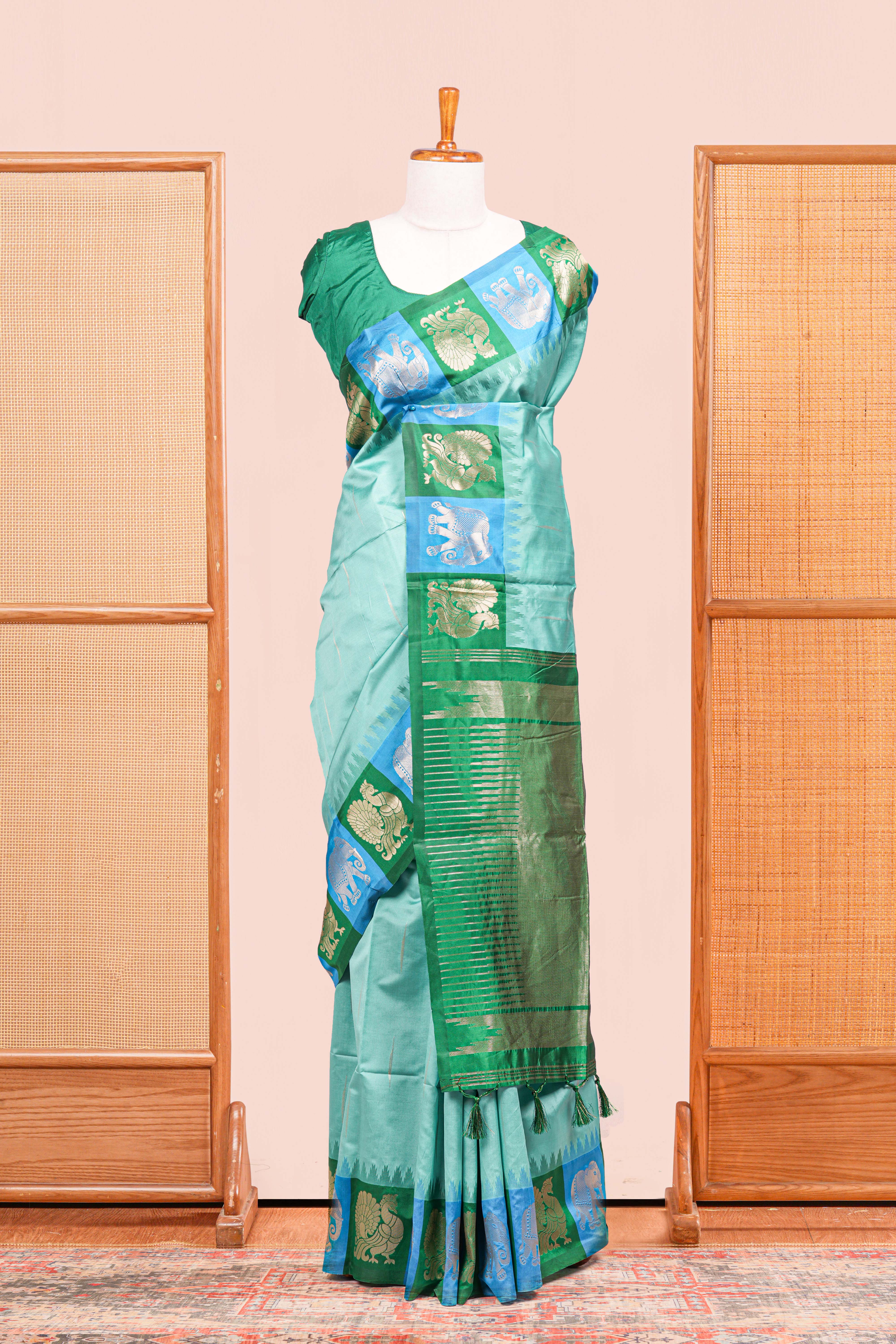 Semi Art Silk Saree All Over Zari Butta With Contrast Golden Zari Weaving Pallu