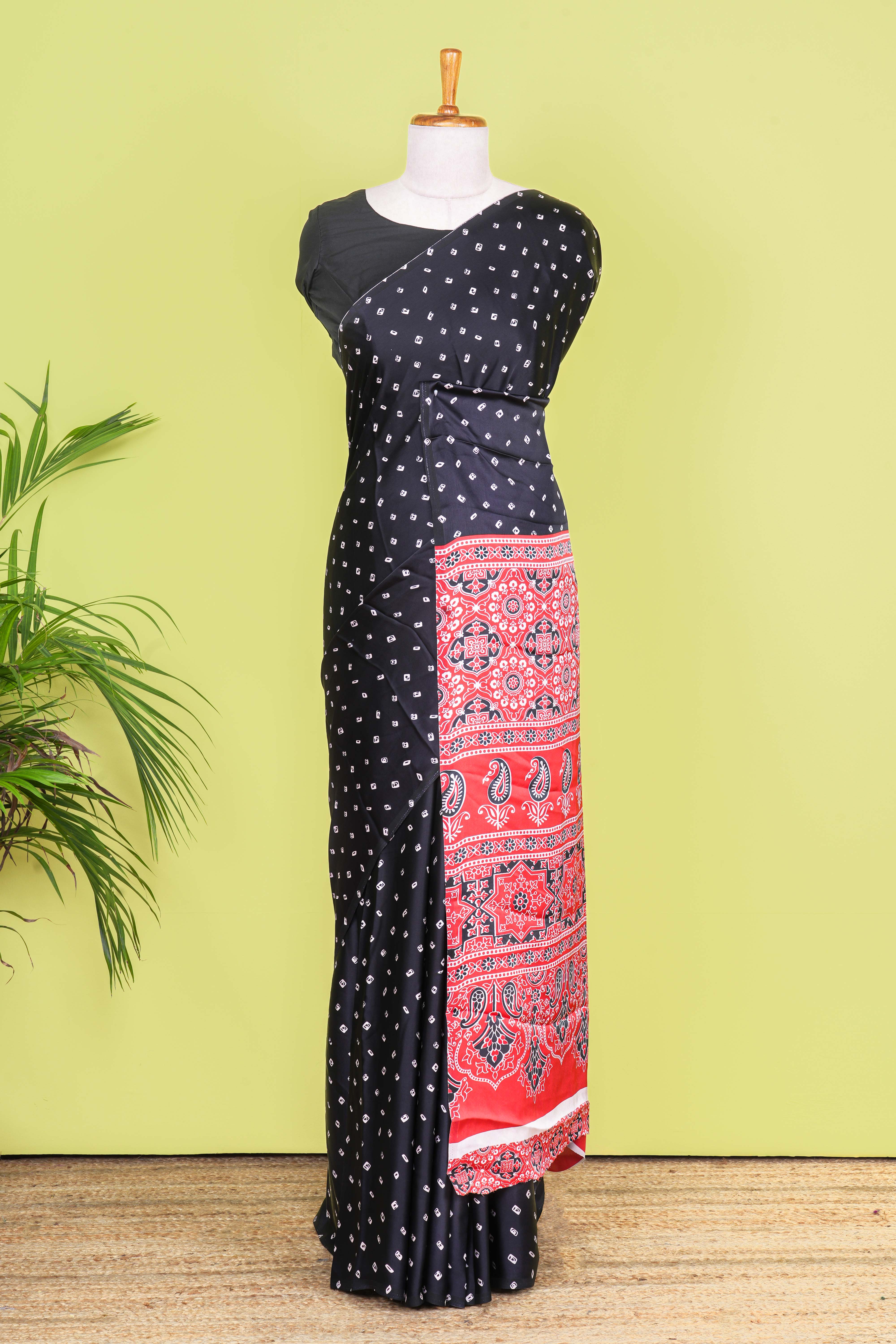 Black Modal Silk Saree Bandhani Print Across The Body With Ajrakh Design Pallu Along With Blouse