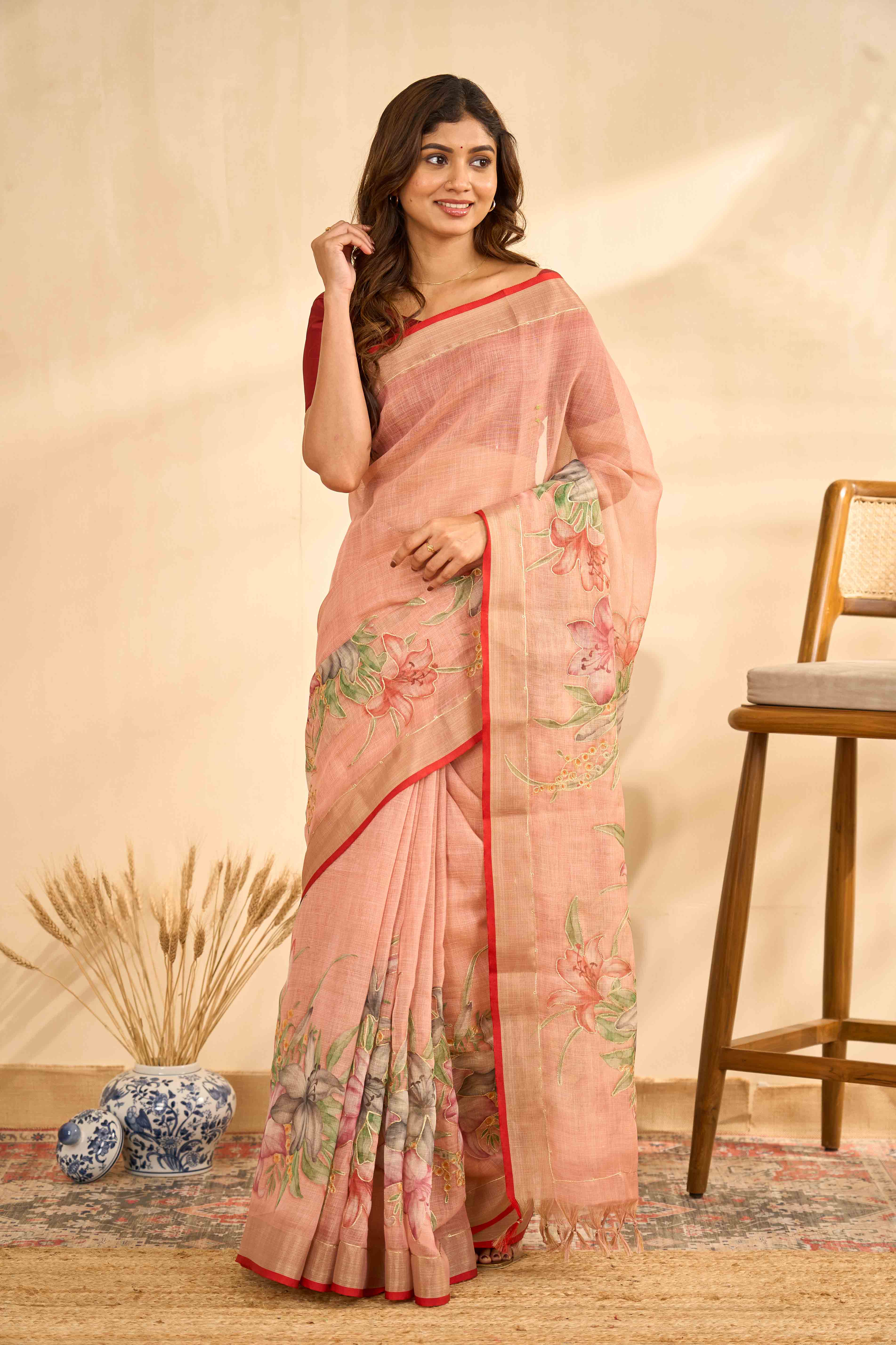 Peach Linen Sarees With Aari Work And Digital Printed