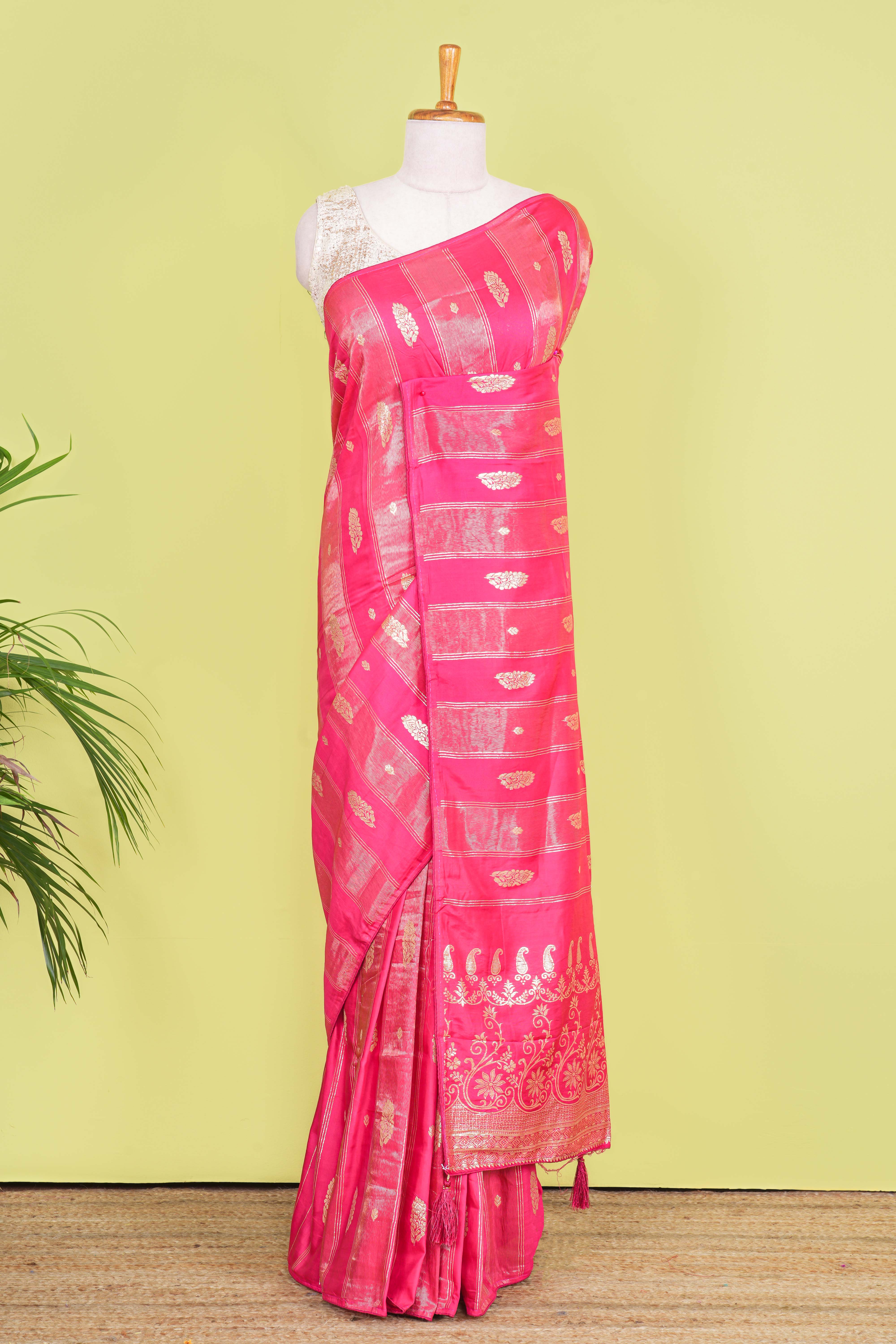 Rani Pink Viscose Georgette Saree Zari Woven Stripes, Floral Pattern Across The Body With Paisley Motifs Pallu