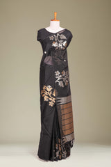 Black Munga Cotton Floral Motifs Weaving Across The Body With Gold Zari Stripes Pallu Along With Butta Design Blouse