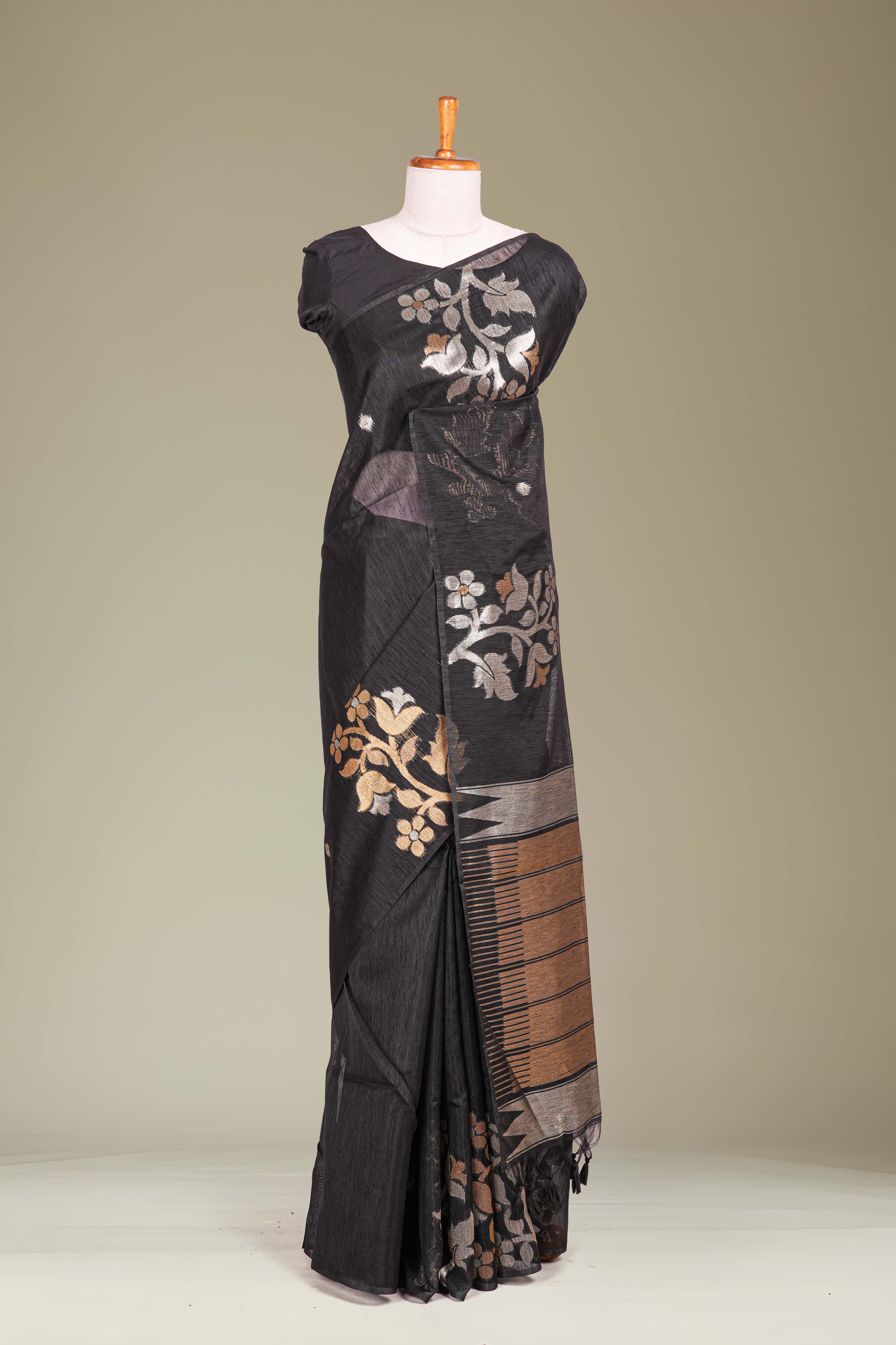Black Munga Cotton Floral Motifs Weaving Across The Body With Gold Zari Stripes Pallu Along With Butta Design Blouse
