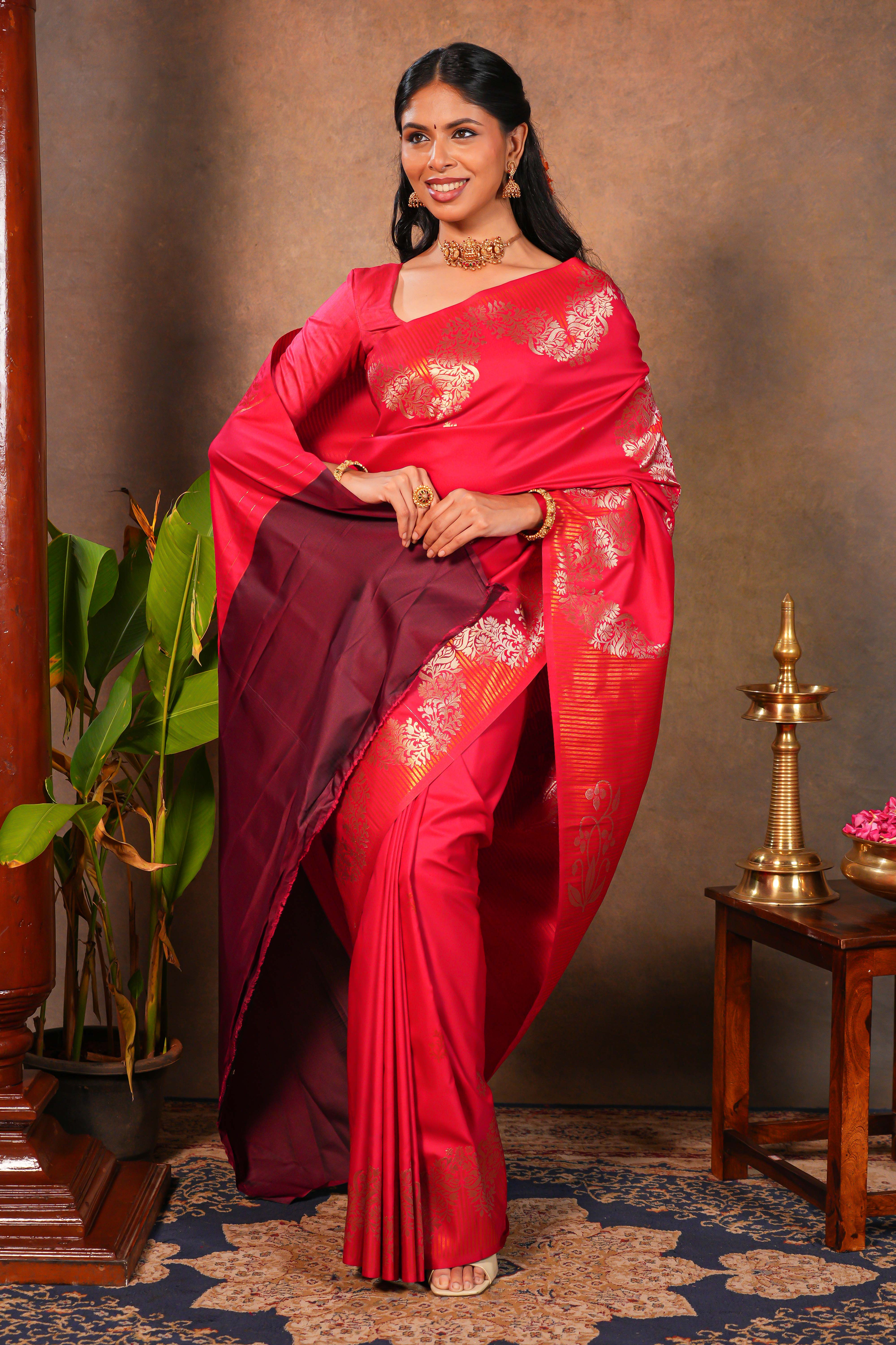 Rani pink Semi Silk Saree Gold Zari Woven Paisley Motifs with Woven Zari Border and Contrast Blouse