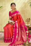 Kanchipuram Vaira Oosi Silk Saree in Bright Pink with Gold Zari and Contrast Magenta Border
