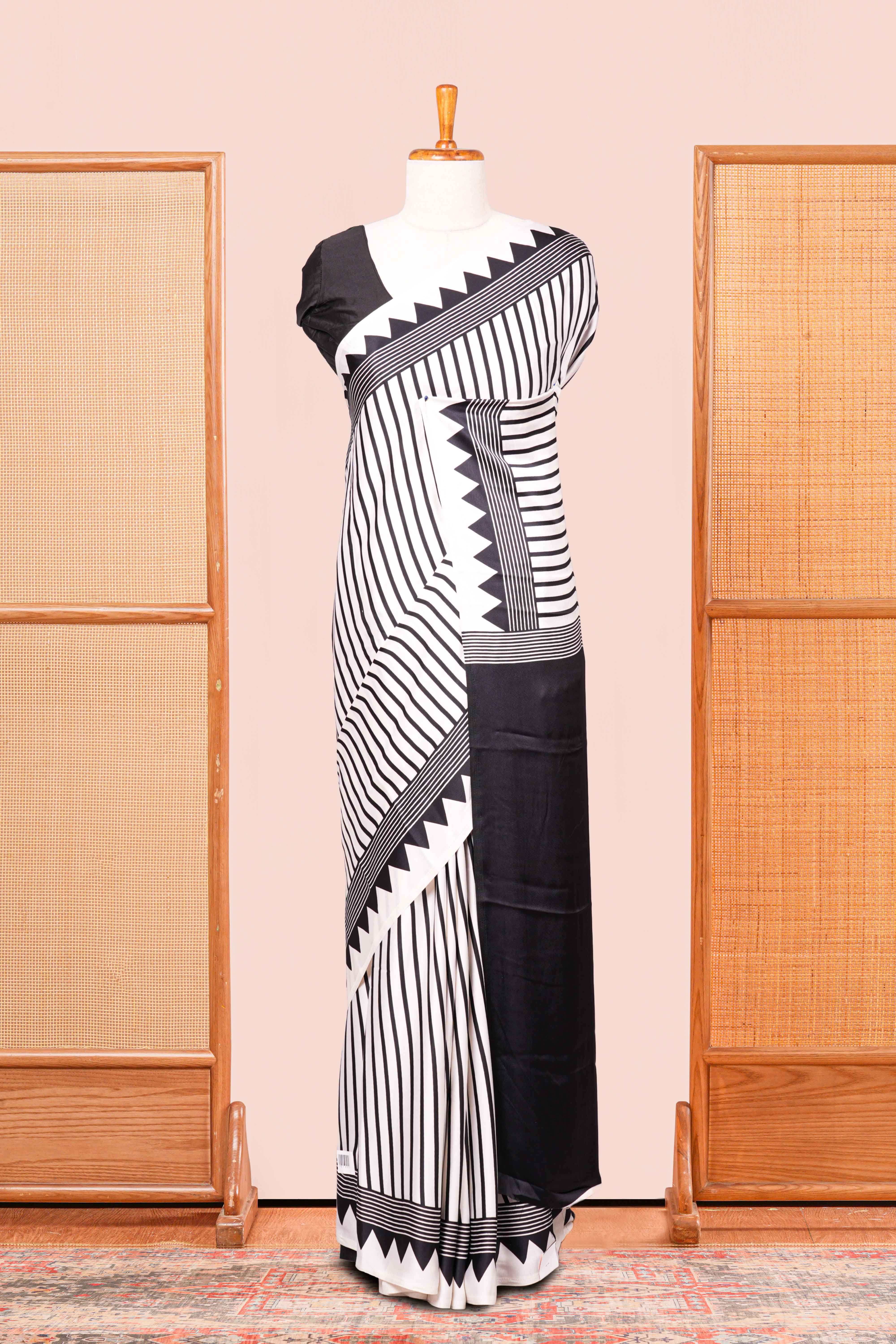 White Modal Silk Saree Lightweight Contrast Vertical Line Printed With Temple Border Circle Butta Design Pallu
