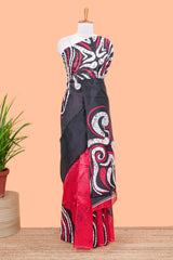 Red Lichi Cotton Saree Border Less All Over Body And Pallu Abstract Print Design