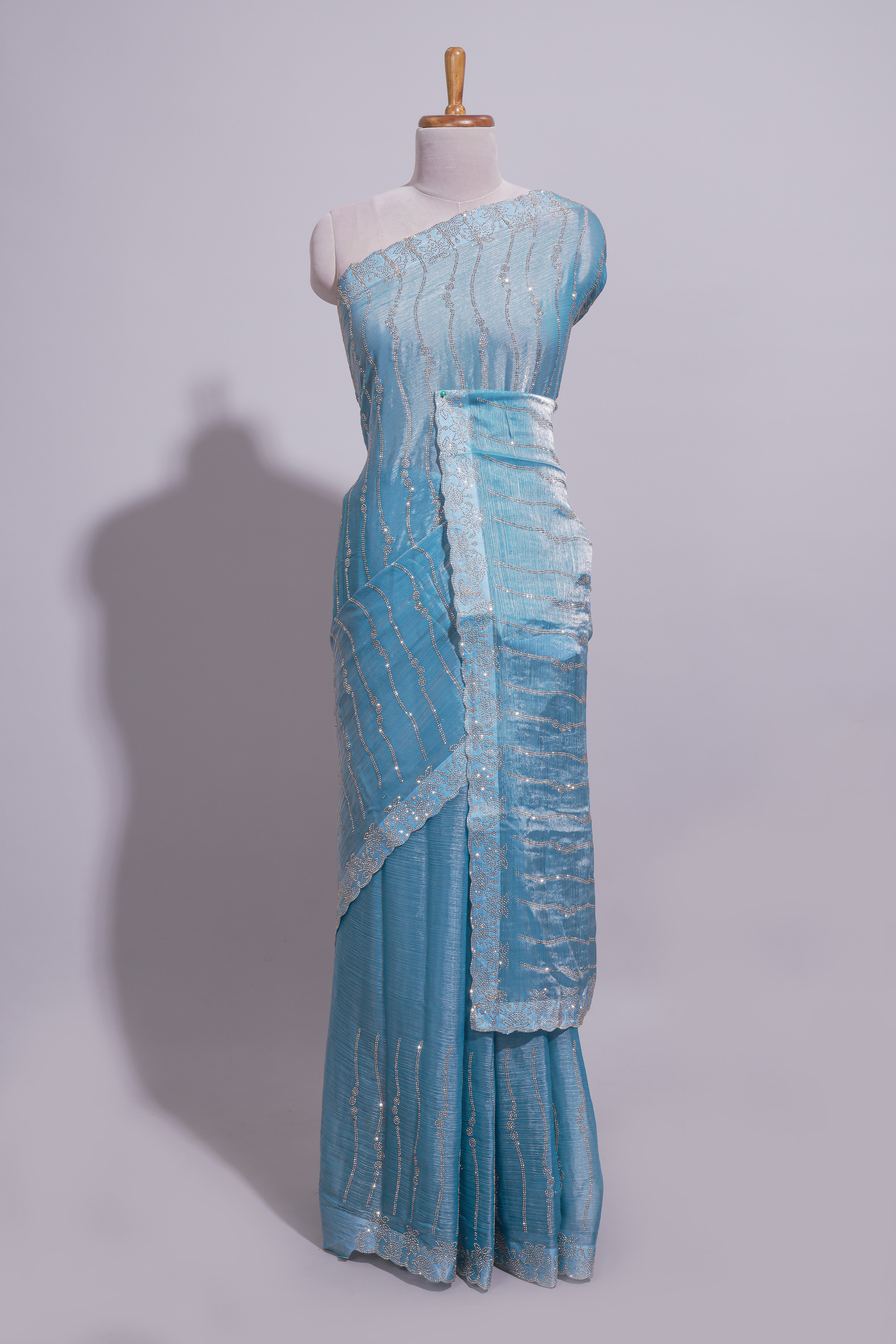 Blue wave embroidery work designer saree with self border and matching blouse