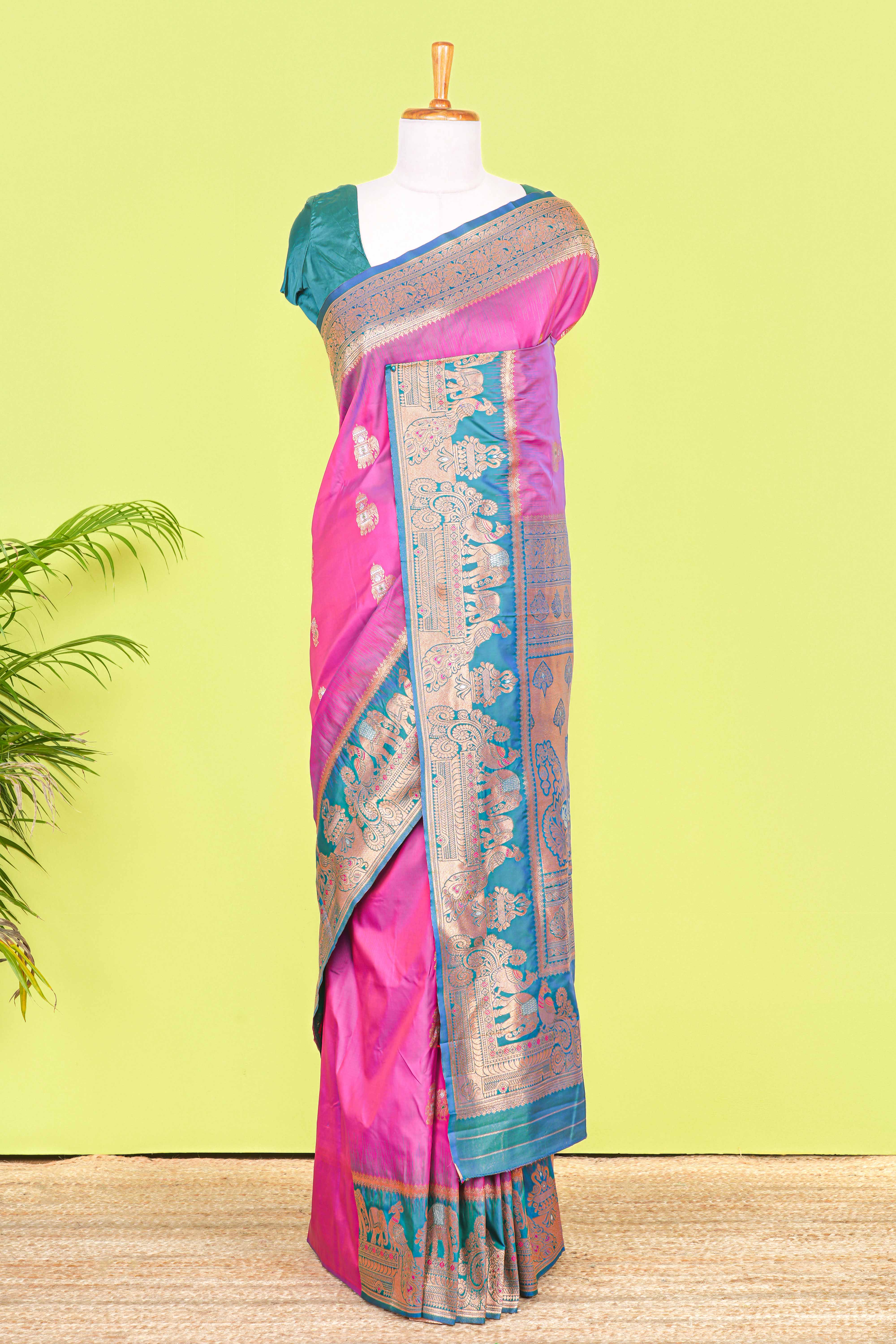 Art Silk Saree Zari Butta Across The Body With Zari Weaving Mayil, Floral Design Pallu