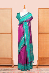 Purple Retta Petta Art Silk Saree With Plain Body Retta Petta Border Contrast Intricate Gold Zari Stripes Pallu
