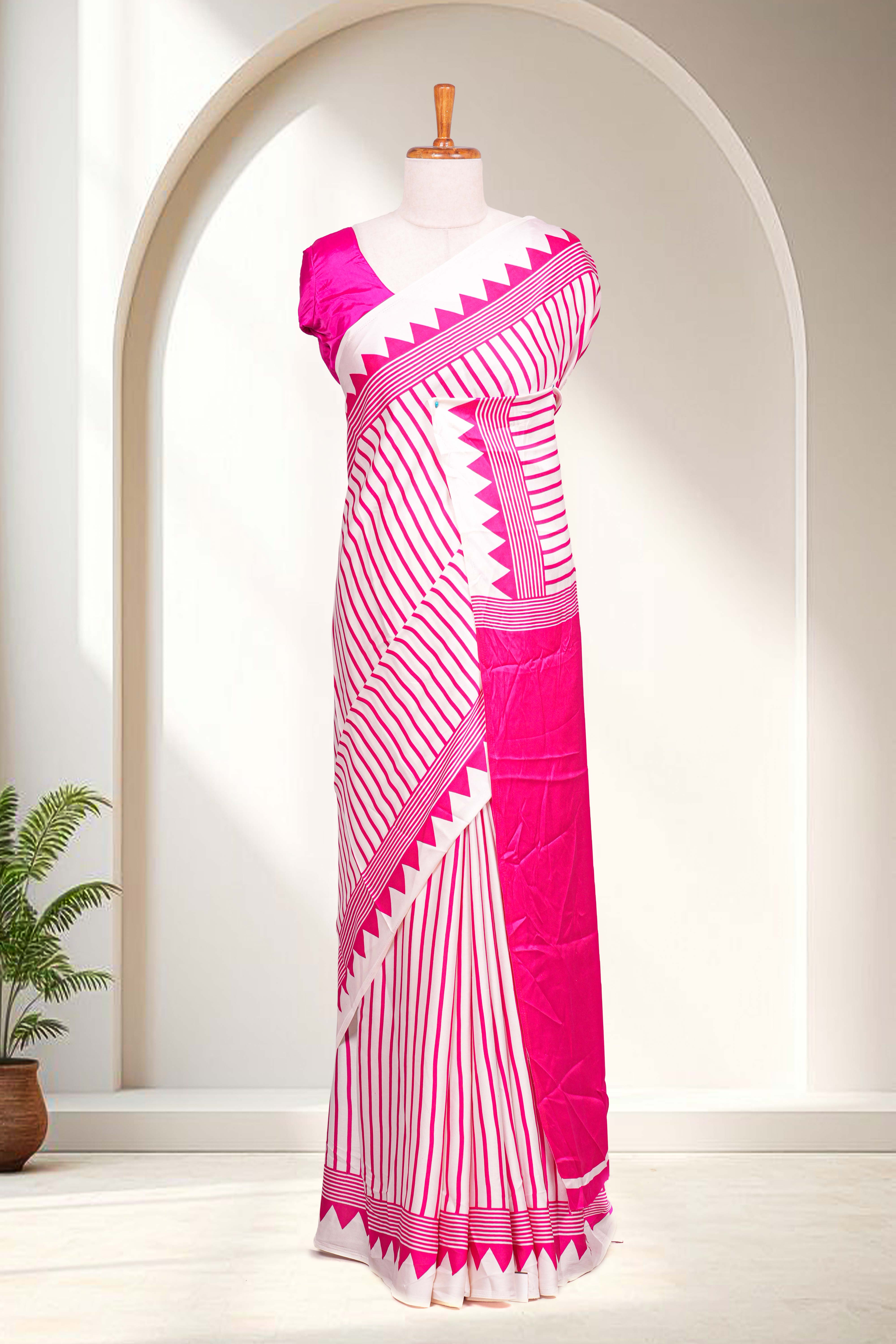White Modal Silk Saree Lightweight Contrast Vertical Line Printed With Temple Border Circle Butta Design Pallu