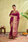 Kanchipuram Traditional Silk Saree in Magenta with Gold Zari Buttas & Self Border