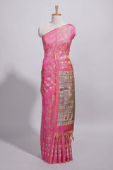 Bright pink warli printed semi tussar sareewith contrast warli printed pallu and matching blouse