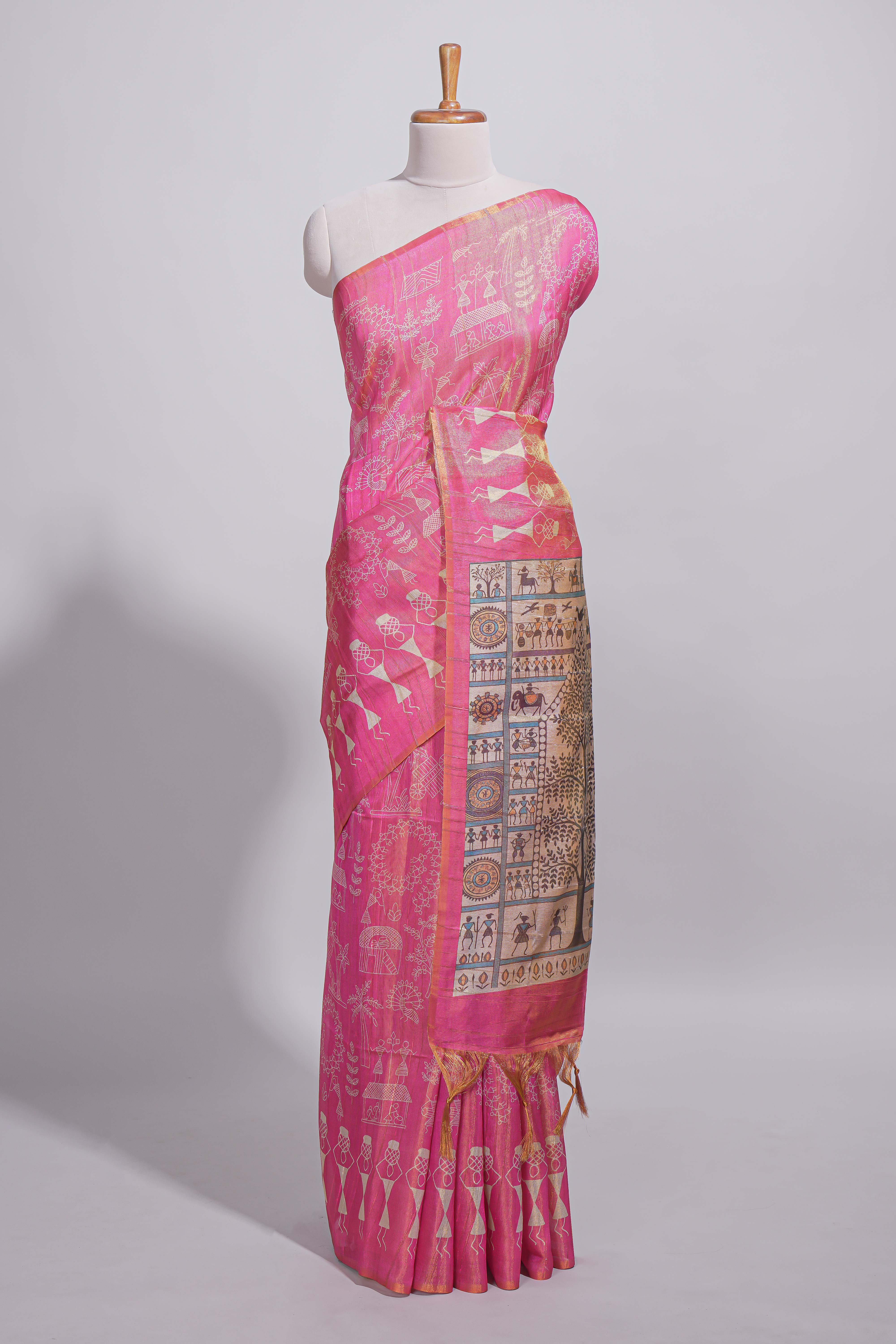 Bright pink warli printed semi tussar sareewith contrast warli printed pallu and matching blouse