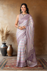 Lavender Brasso Saree Chevron DesignFoil PrintAcross The Body With Contrast Rich Pallu